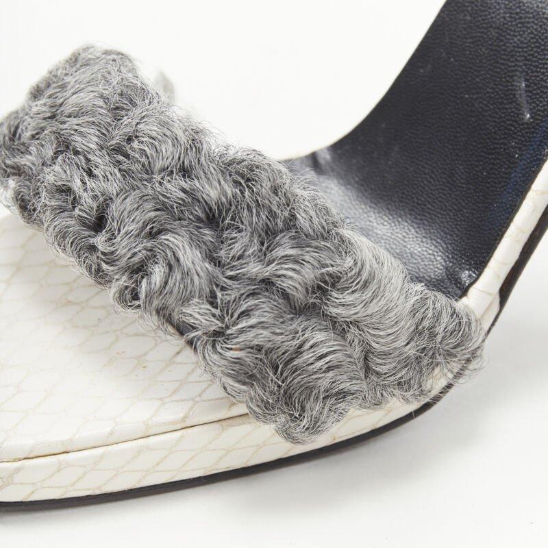 vintage GIANNI VERSACE white grey shearling ankle strap cone heel sandal EU36 For Sale 3