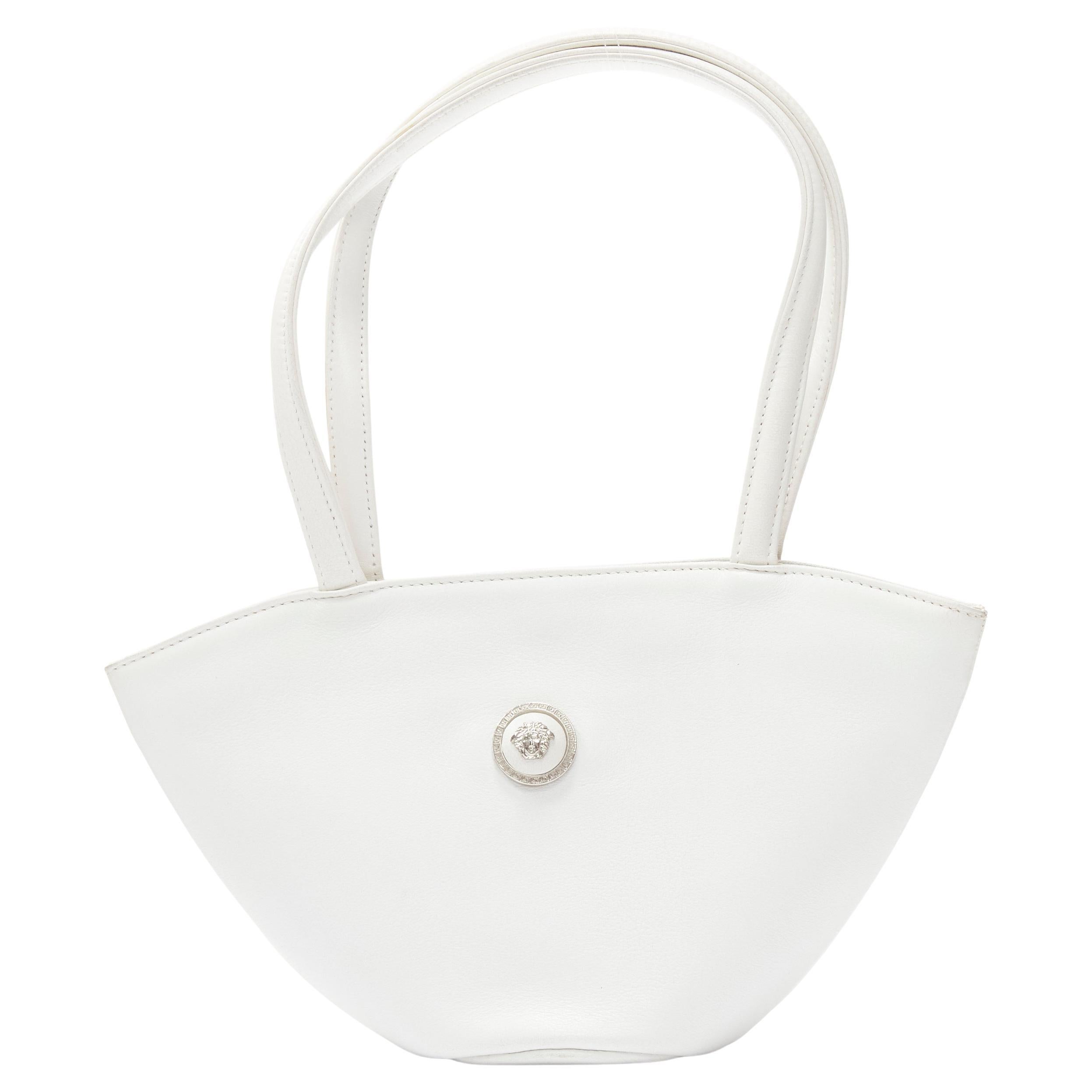 vintage GIANNI VERSACE white leather silver Medusa top handle flared basket bag