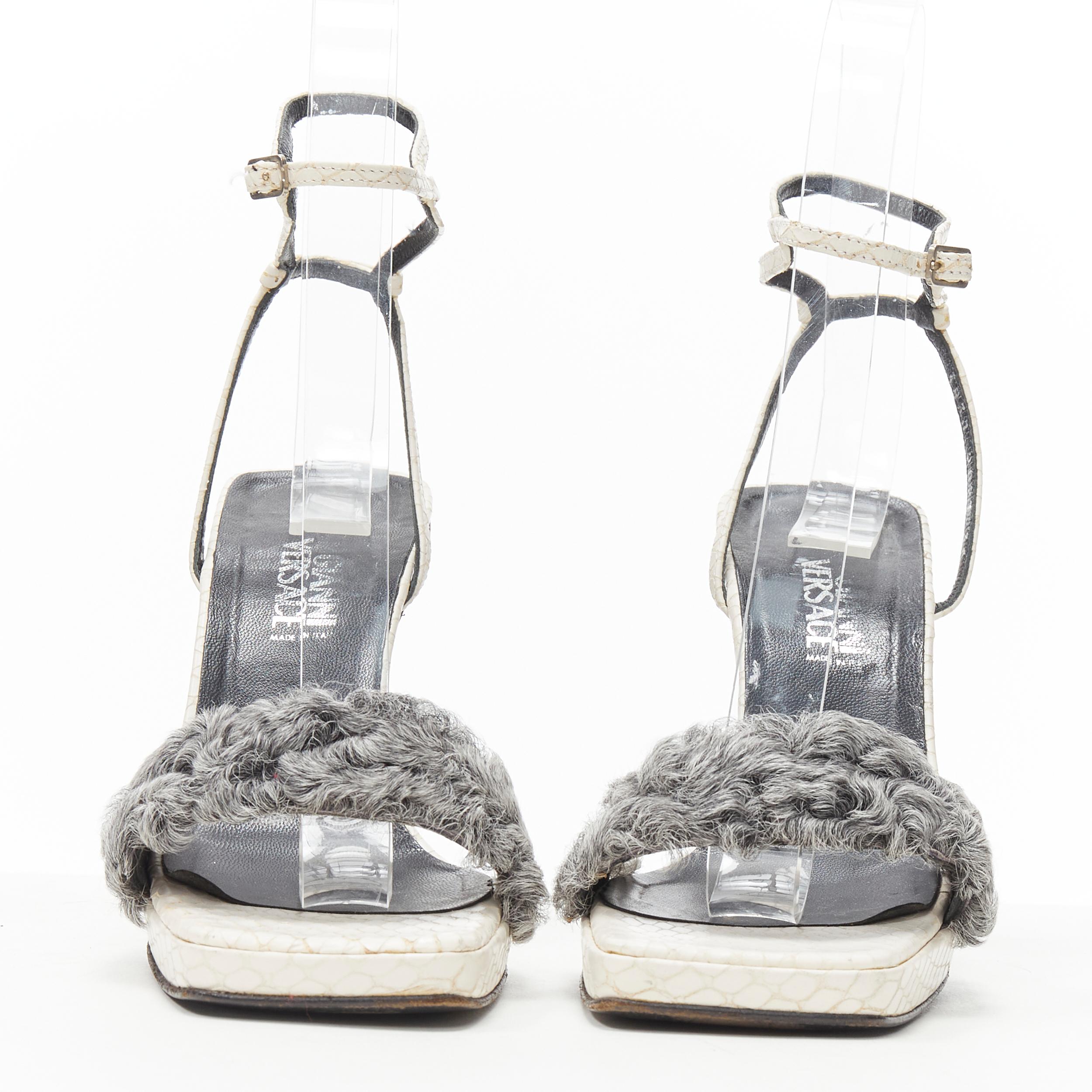 Gray vintage GIANNI VERSACE white scaled grey shearling fur ankle strap sandal EU36 For Sale