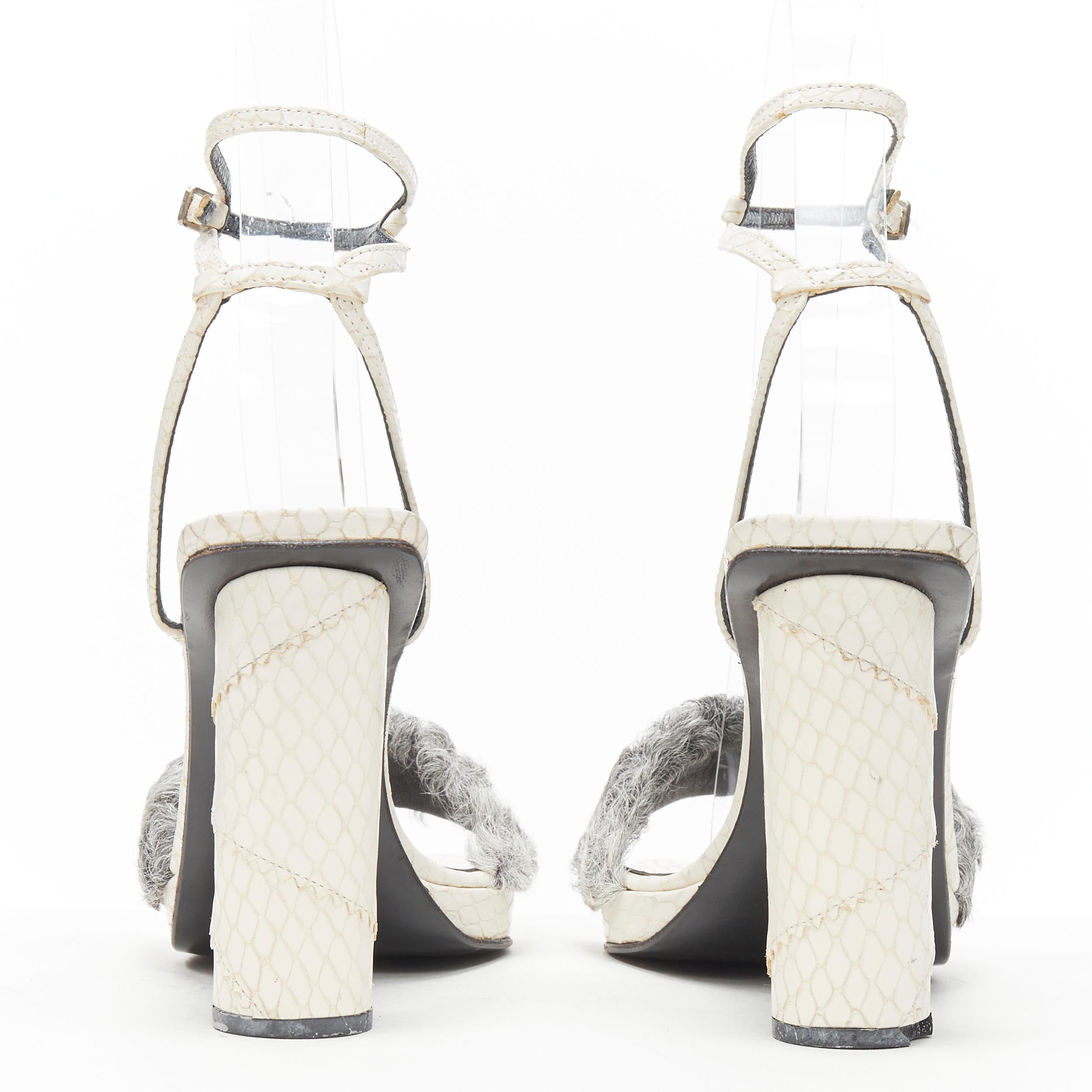 Women's vintage GIANNI VERSACE white scaled grey shearling fur ankle strap sandal EU36 For Sale