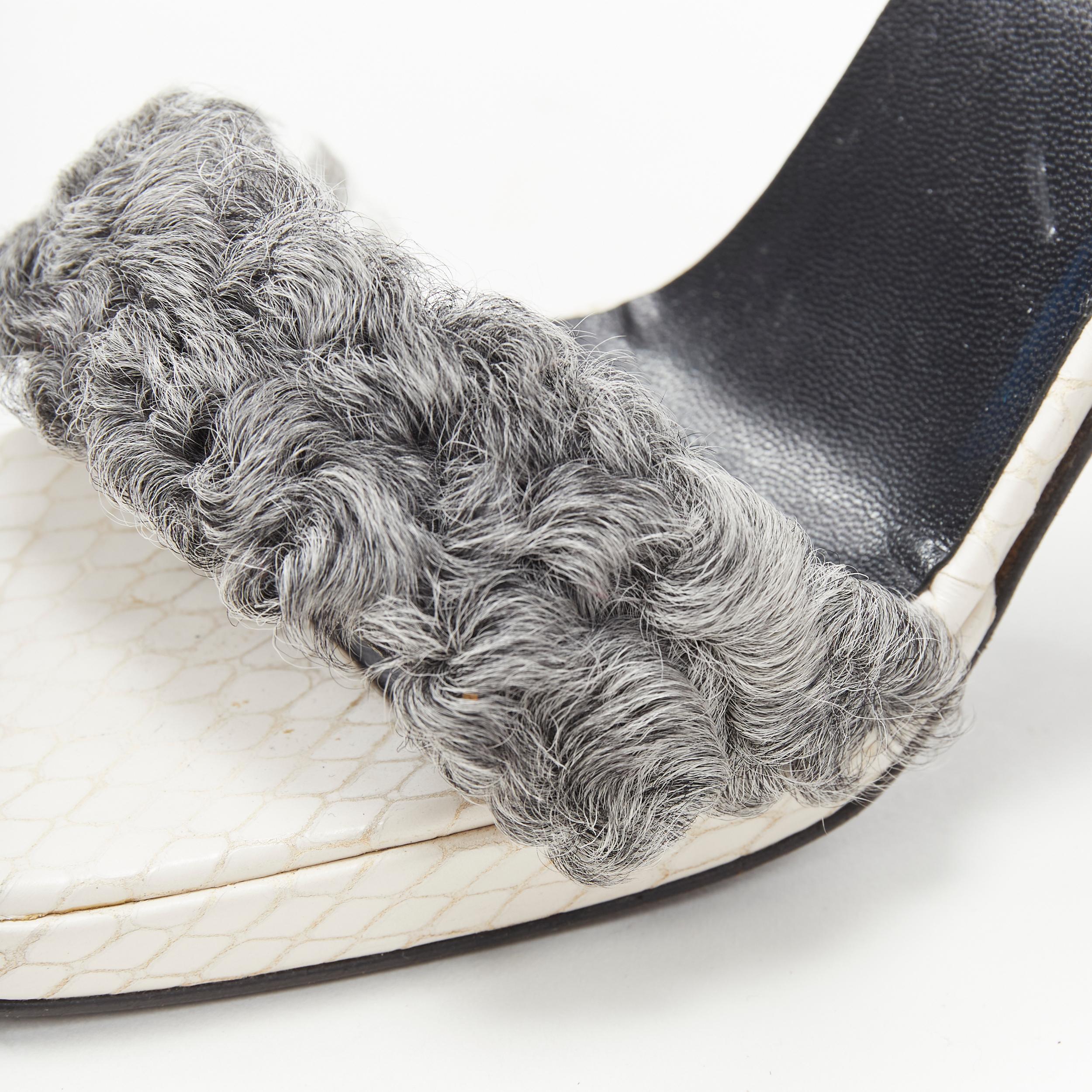 vintage GIANNI VERSACE white scaled grey shearling fur ankle strap sandal EU36 For Sale 3