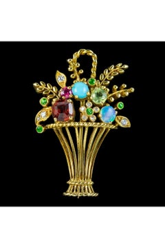 Vintage Giardinetti Gemstone Flower Vase Brooch in 18ct Gold, circa 1930 -1950
