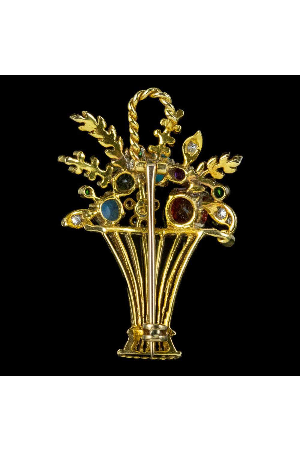 Retro Vintage Giardinetti Gemstone Flower Vase Brooch in 18ct Gold, circa 1930 -1950 For Sale
