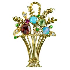 Vintage Giardinetti Gemstone Flower Vase Brooch in 18ct Gold, circa 1930 -1950