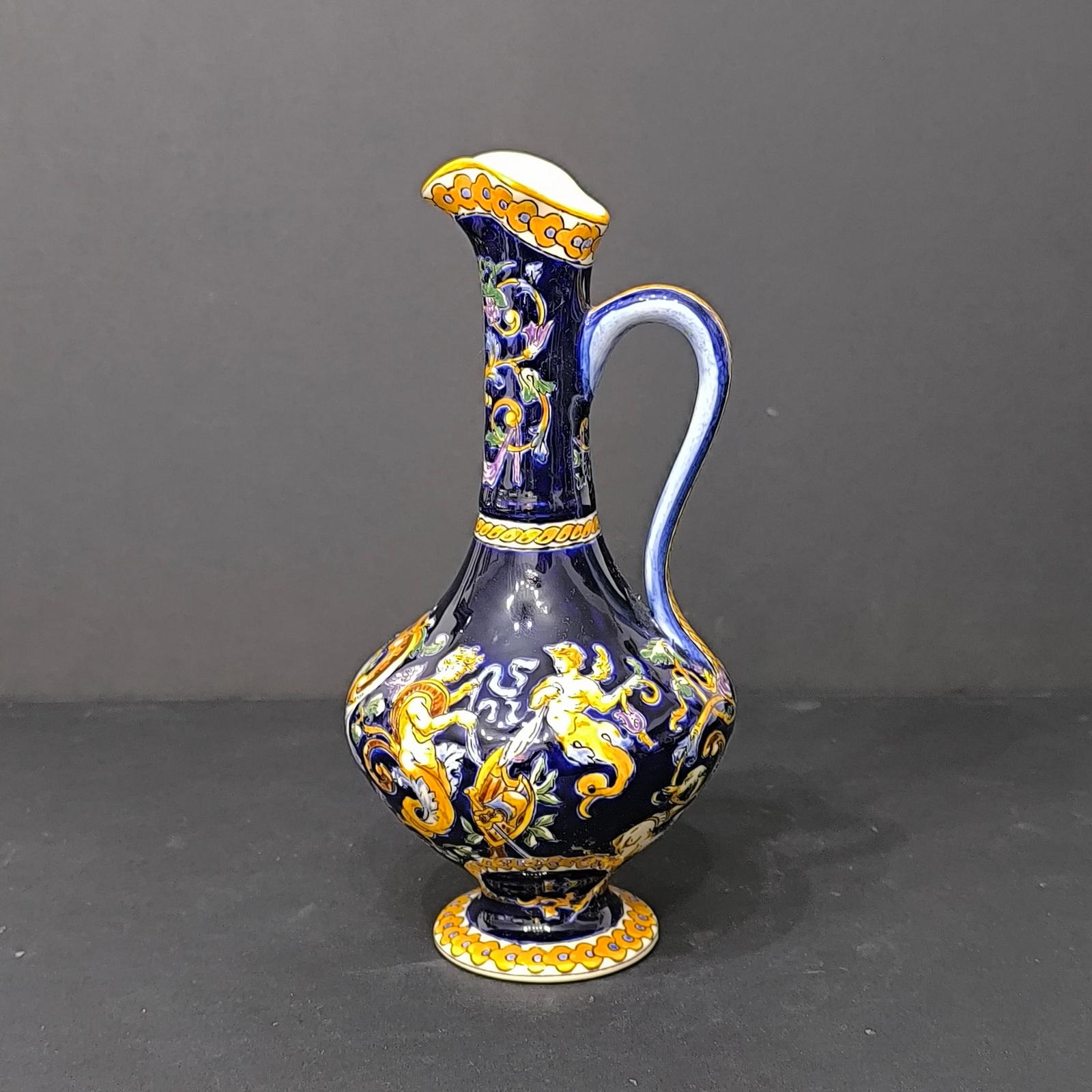 Hand-Painted Vintage Gien Faience Ewer and a Trinket Dish in Renaissance Decor, France 1970s For Sale