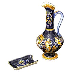 Retro Gien Faience Ewer and a Trinket Dish in Renaissance Decor, France 1970s