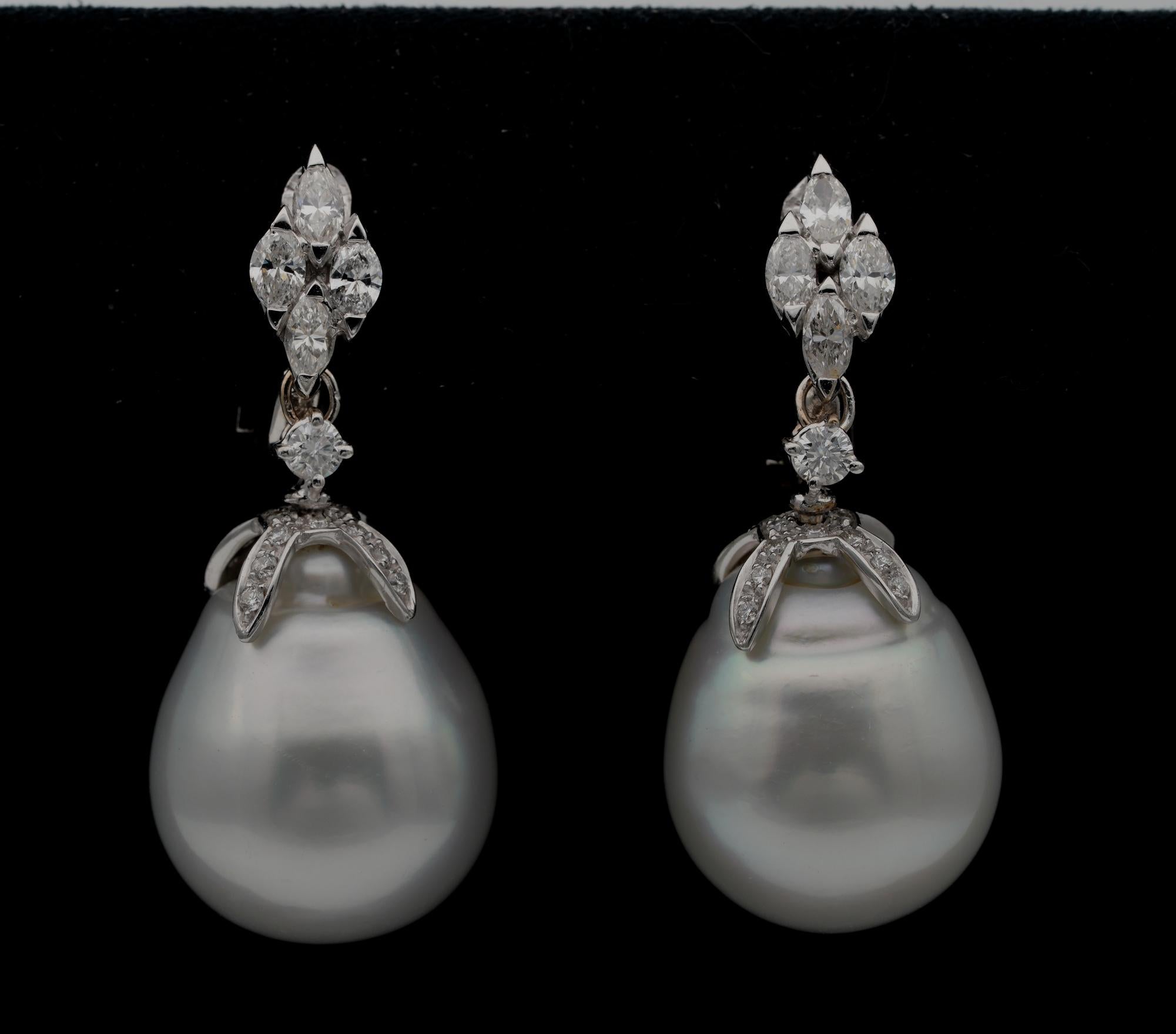 Made to Impress

Marvellous pair of vintage earrings, beautifully made with large gigantic pair of South Sea Pearls - tastefully designed with Diamonds creating an unique style simple but very effective on ears
Hand crafted of solid 18 KT white