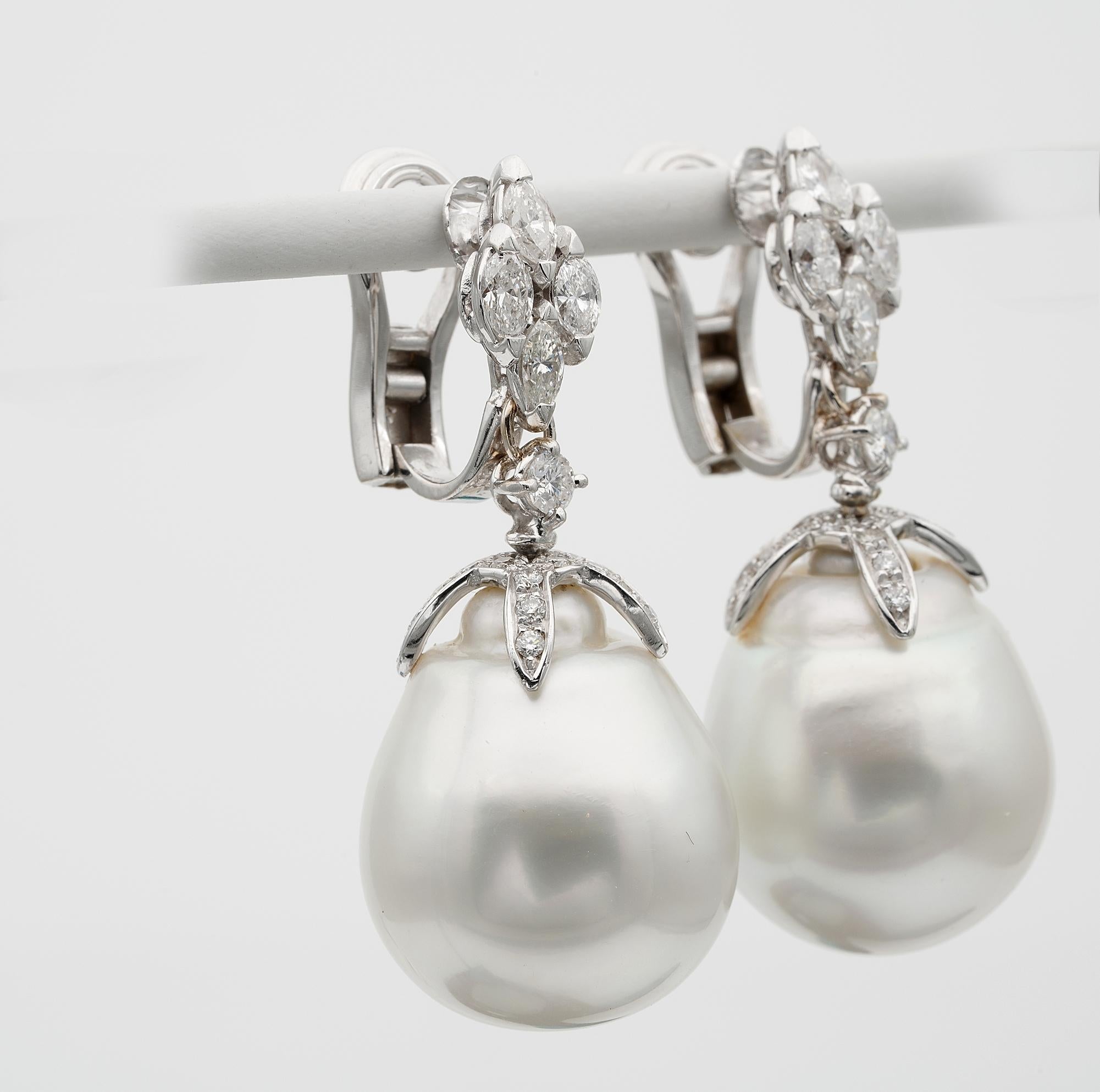 Contemporary Vintage Gigantic South Sea Pearl 1.64 Carat G VVS Diamond Rare Drop Earrings