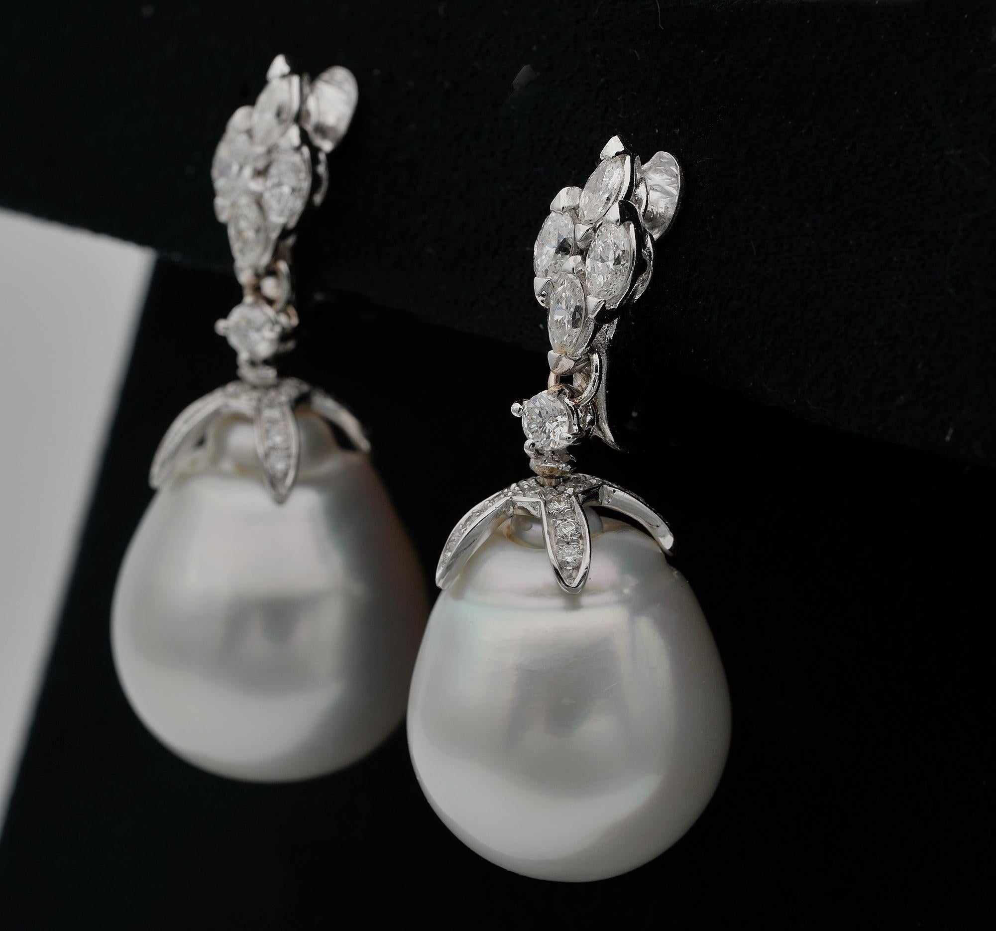 Women's Vintage Gigantic South Sea Pearl 1.64 Carat G VVS Diamond Rare Drop Earrings