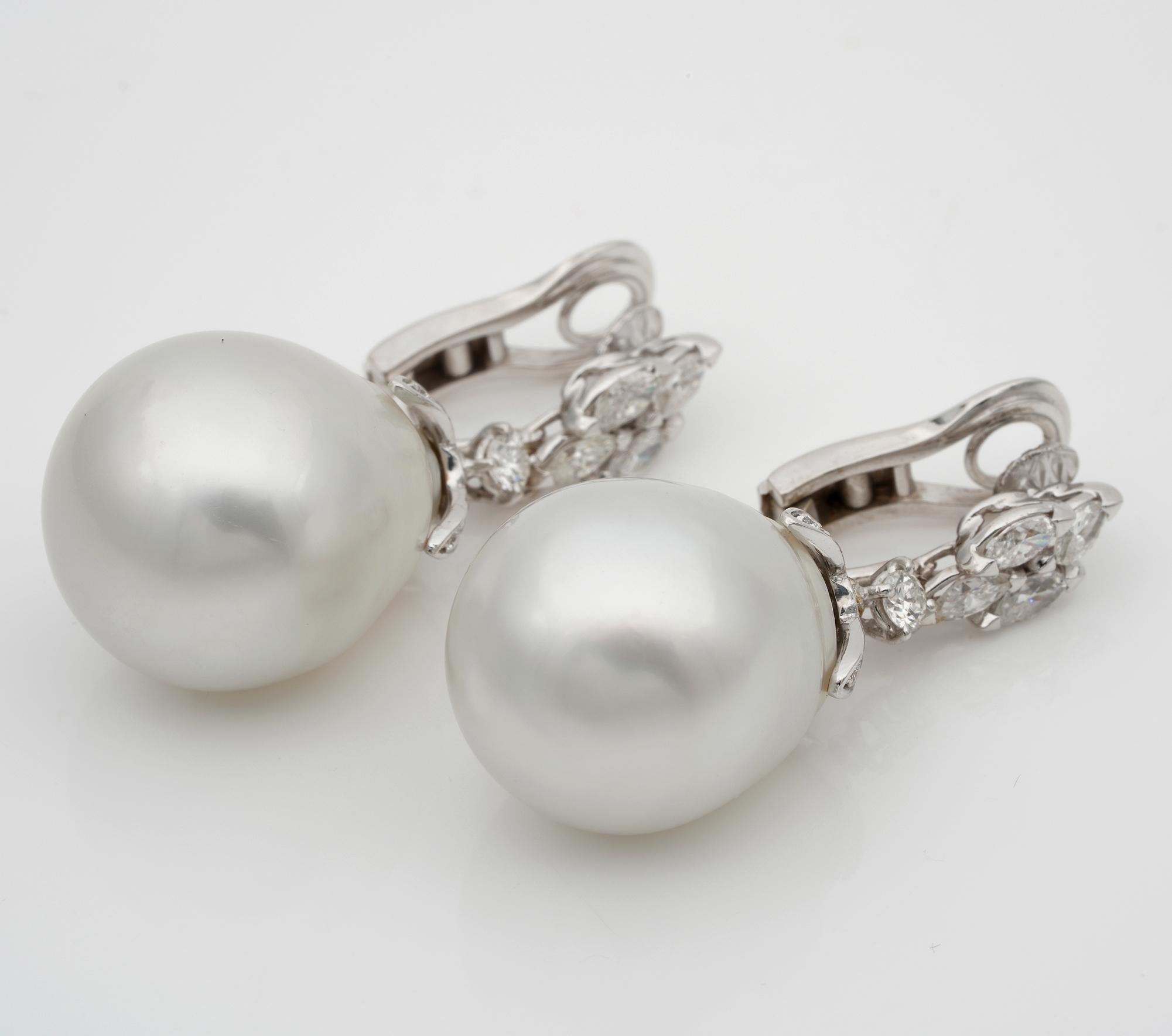 Vintage Gigantic South Sea Pearl 1.64 Carat G VVS Diamond Rare Drop Earrings 1