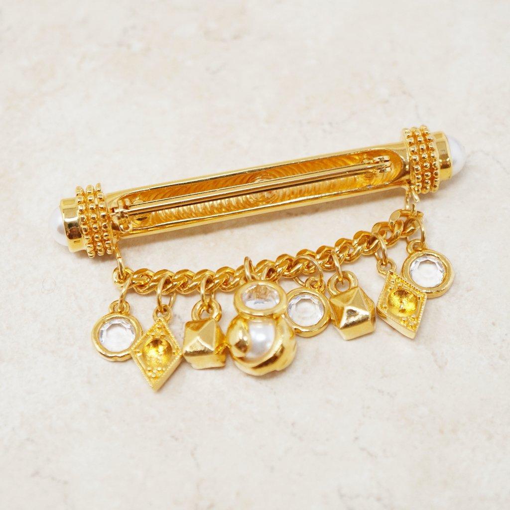 Vintage Gilded Bar Brooch with Chain & Charm Dangle by St. John, 1980s In Excellent Condition In McKinney, TX