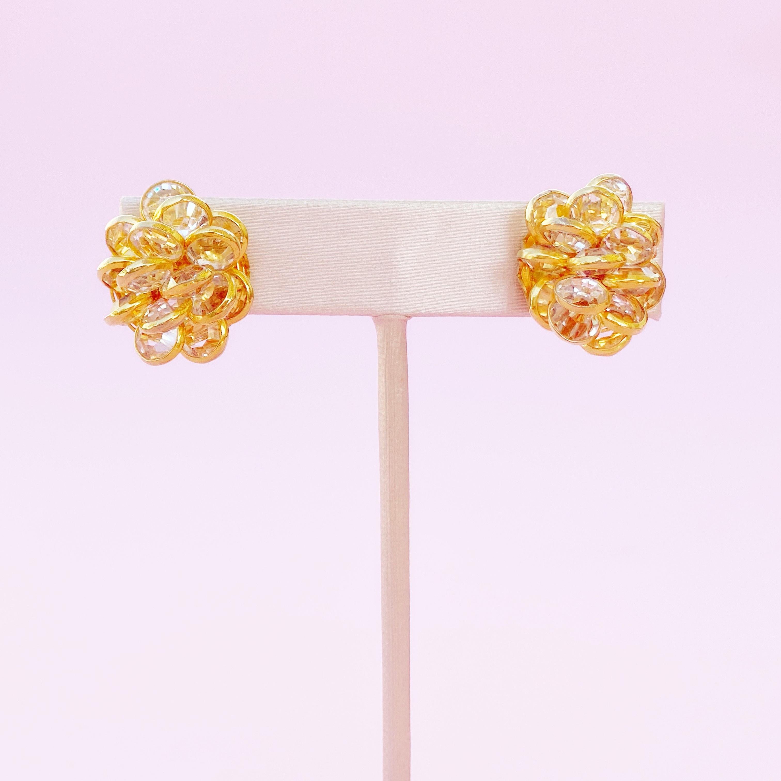 Vergoldete österreichische Kristall-Cluster-Ohrringe mit Lünette, 1980er Jahre im Zustand „Gut“ im Angebot in McKinney, TX