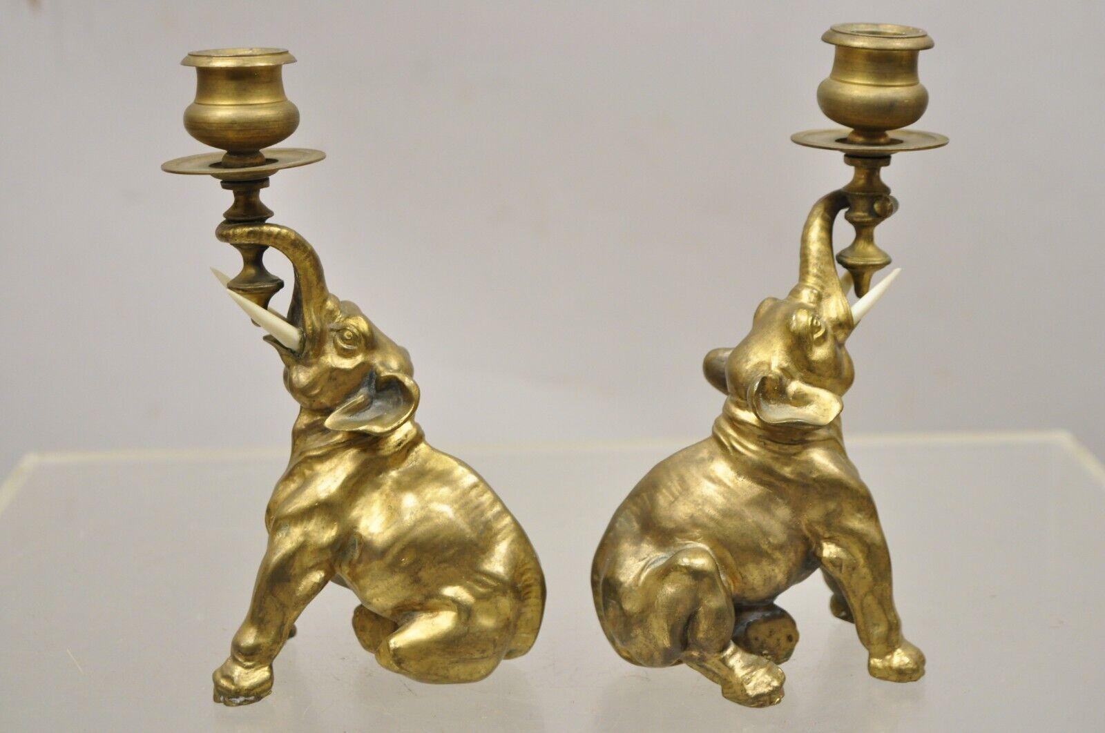 Vintage Vergoldetes Messing Bronze Figural Elefant Kleine Kerzenständer, ein Paar im Angebot 5
