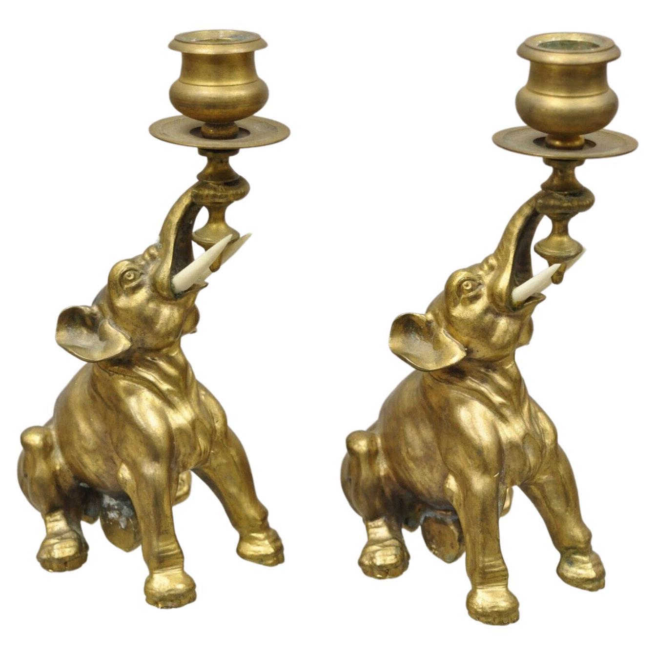 Candelieri vintage in ottone dorato e bronzo con elefante figurato, una coppia