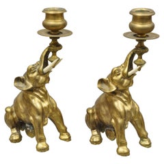 Vintage Gilded Brass Bronze Figural Elephant Small Candlesticks, a Pair
