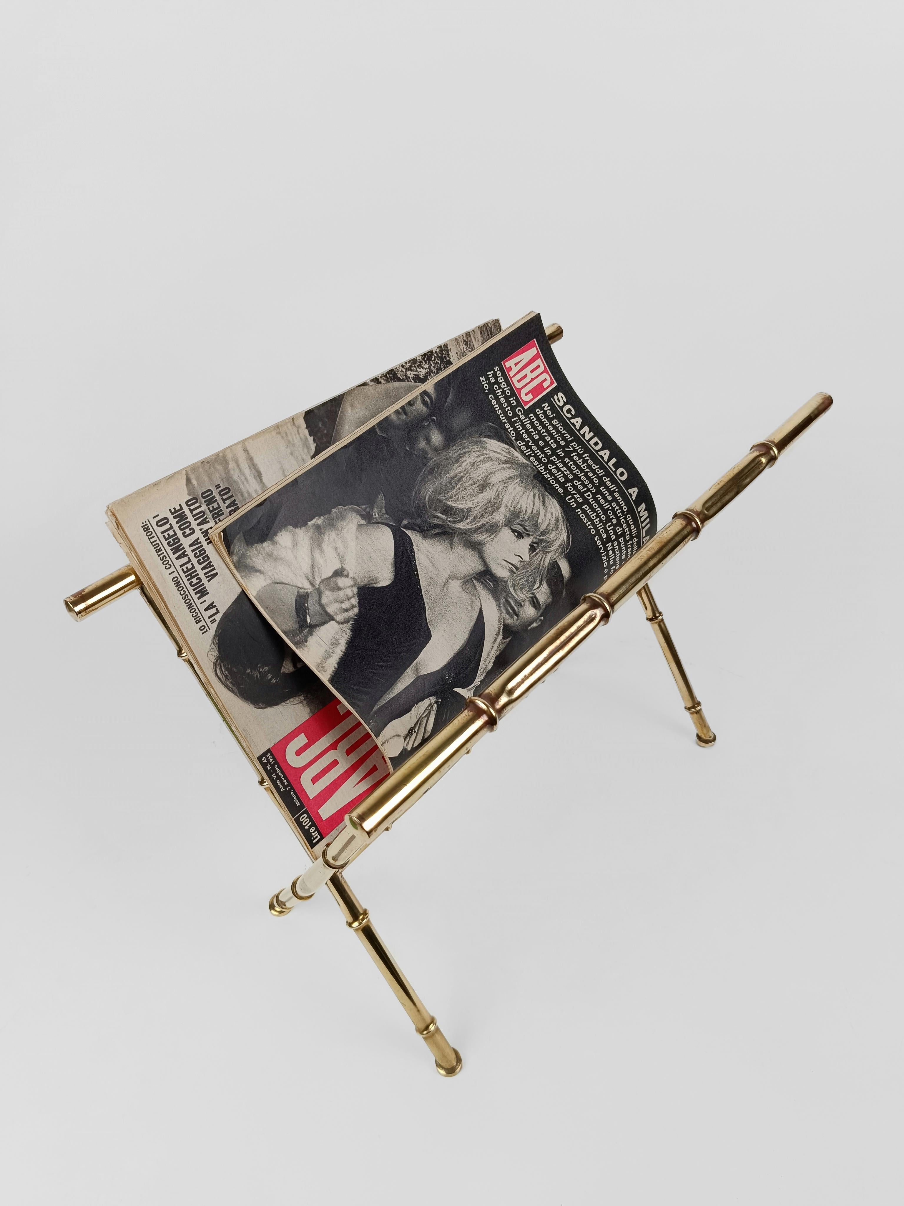 Vintage Gilded Brass Faux Bamboo Magazine Rack, Italy 1960s For Sale 6