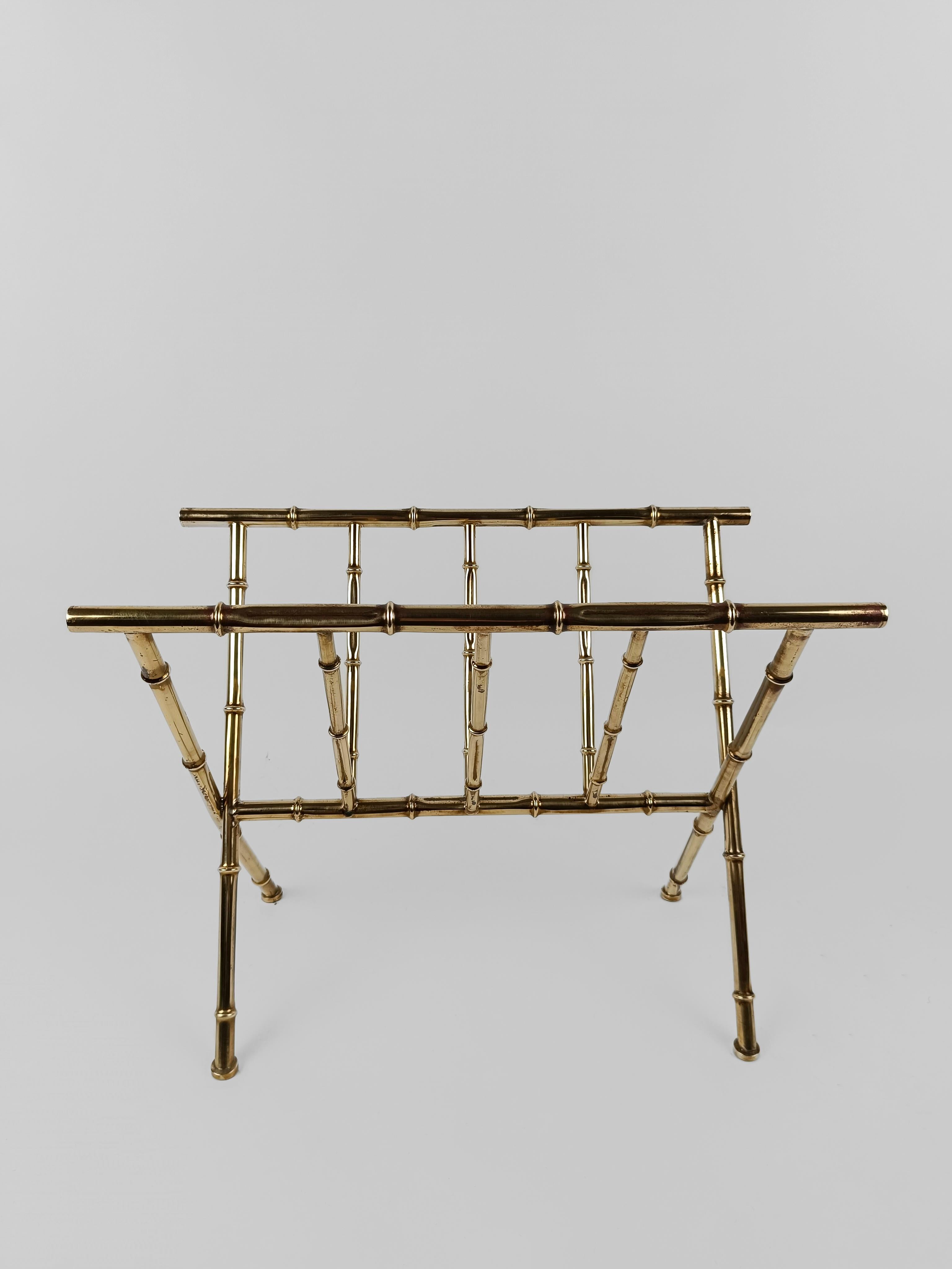 Vintage Gilded Brass Faux Bamboo Magazine Rack, Italy 1960s For Sale 10