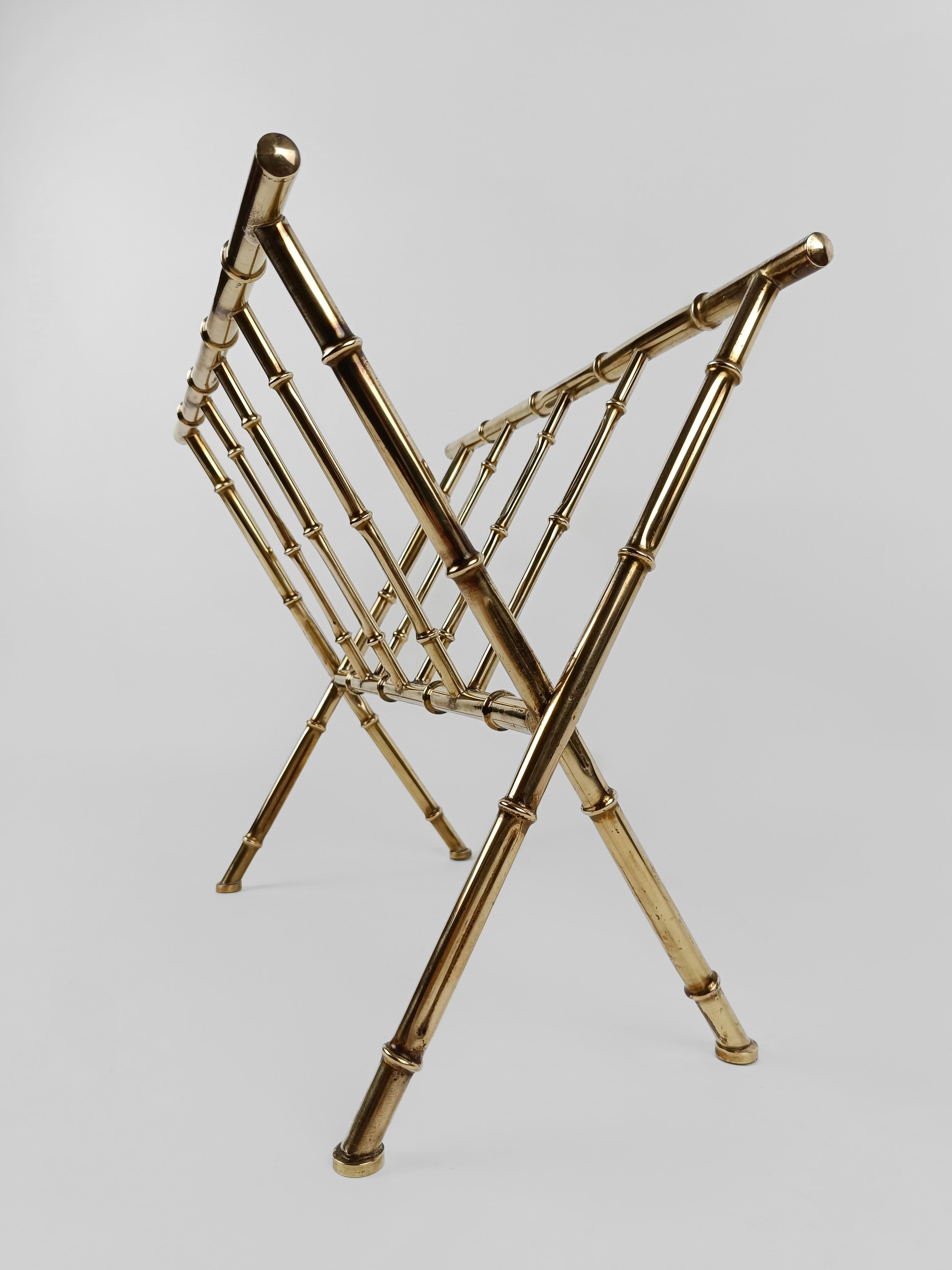 Vintage Gilded Brass Faux Bamboo Magazine Rack, Italy 1960s For Sale 12