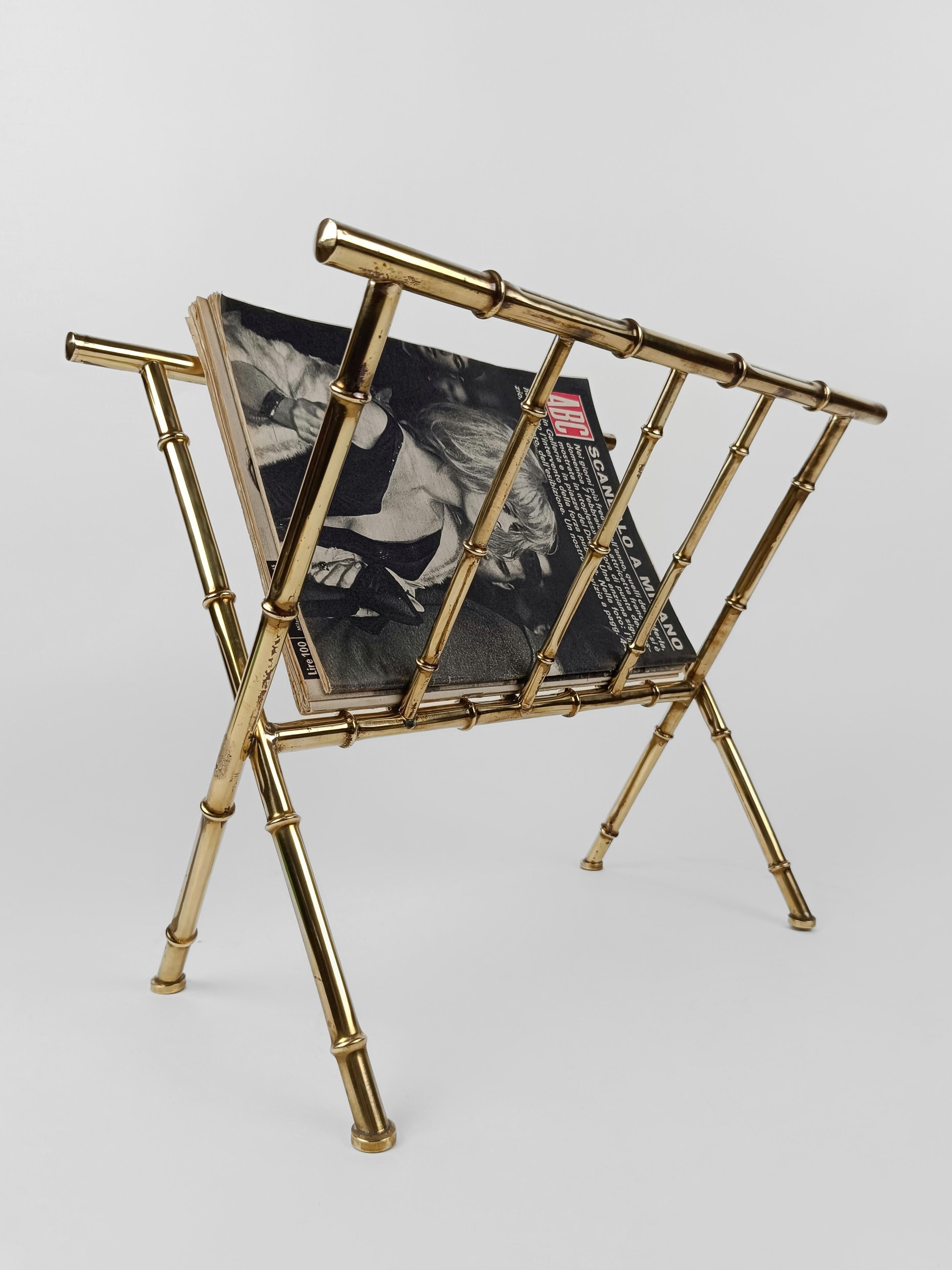 Vintage Gilded Brass Faux Bamboo Magazine Rack, Italy 1960s For Sale 1