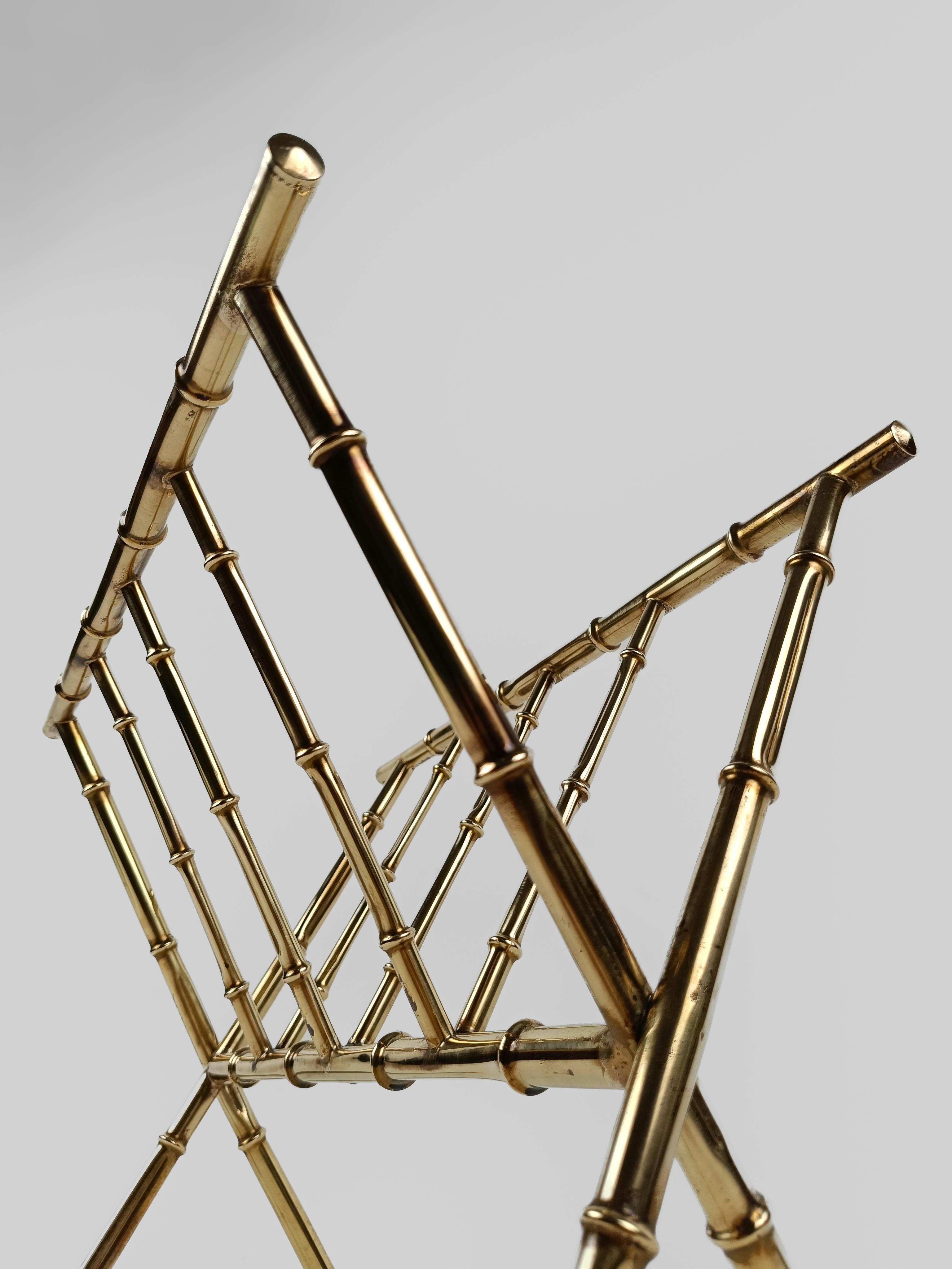 Vintage Gilded Brass Faux Bamboo Magazine Rack, Italy 1960s For Sale 3