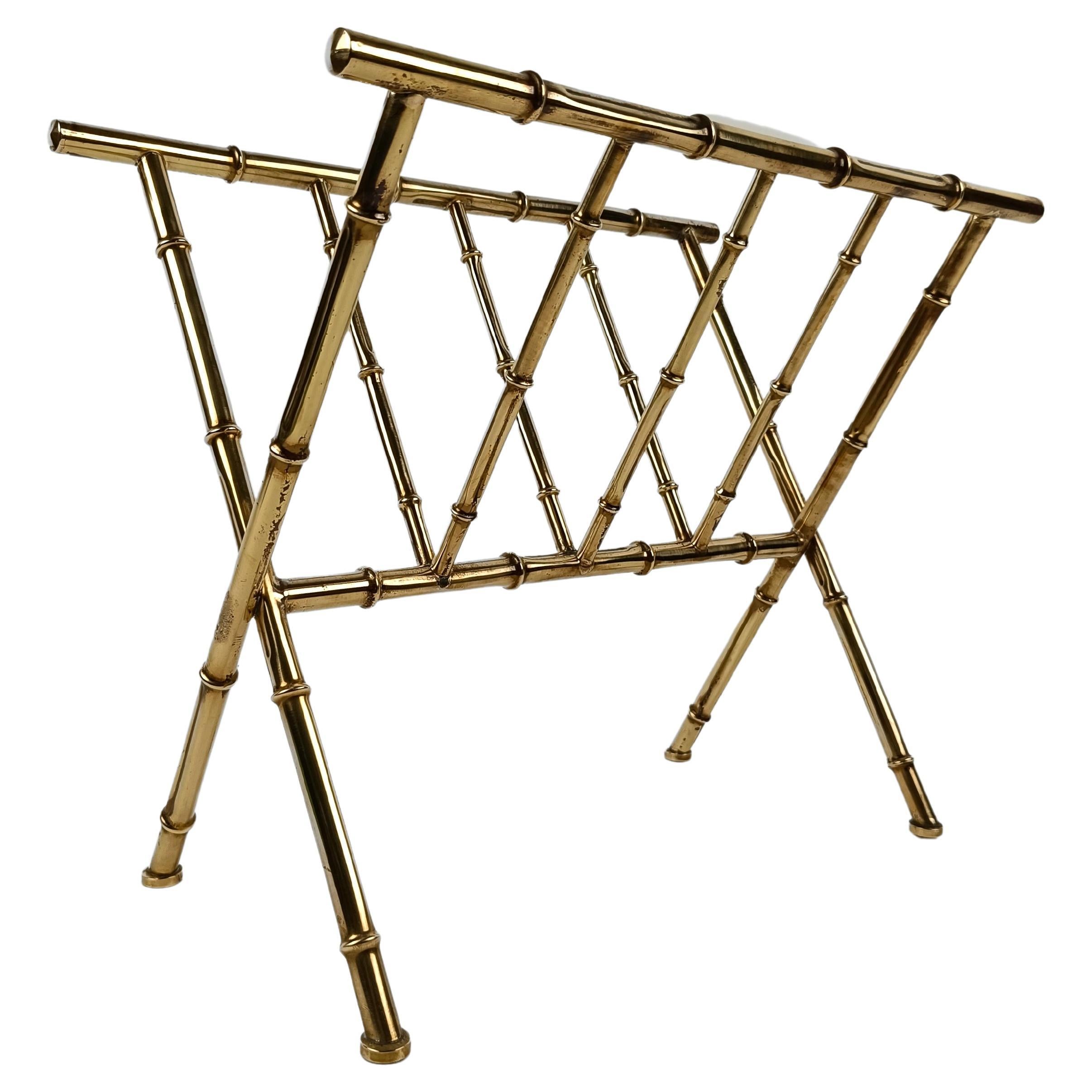 Vintage Gilded Brass Faux Bamboo Magazine Rack, Italy 1960s For Sale