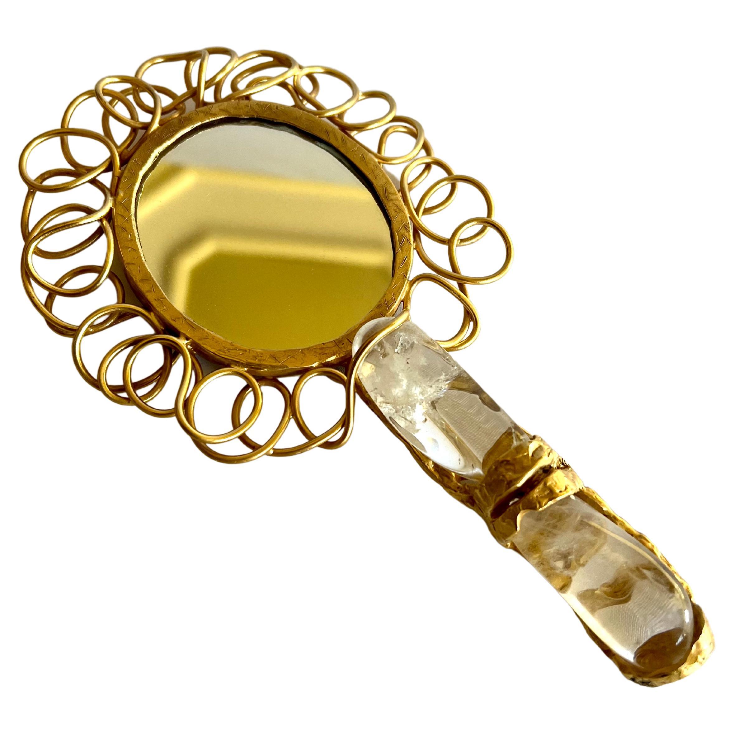 Miroir à main vintage en bronze doré et cristal de roche en vente