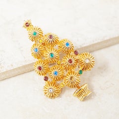 Vintage Gilded Christmas Tree Brooch with Colored Crystal Rhinestones, 1980s