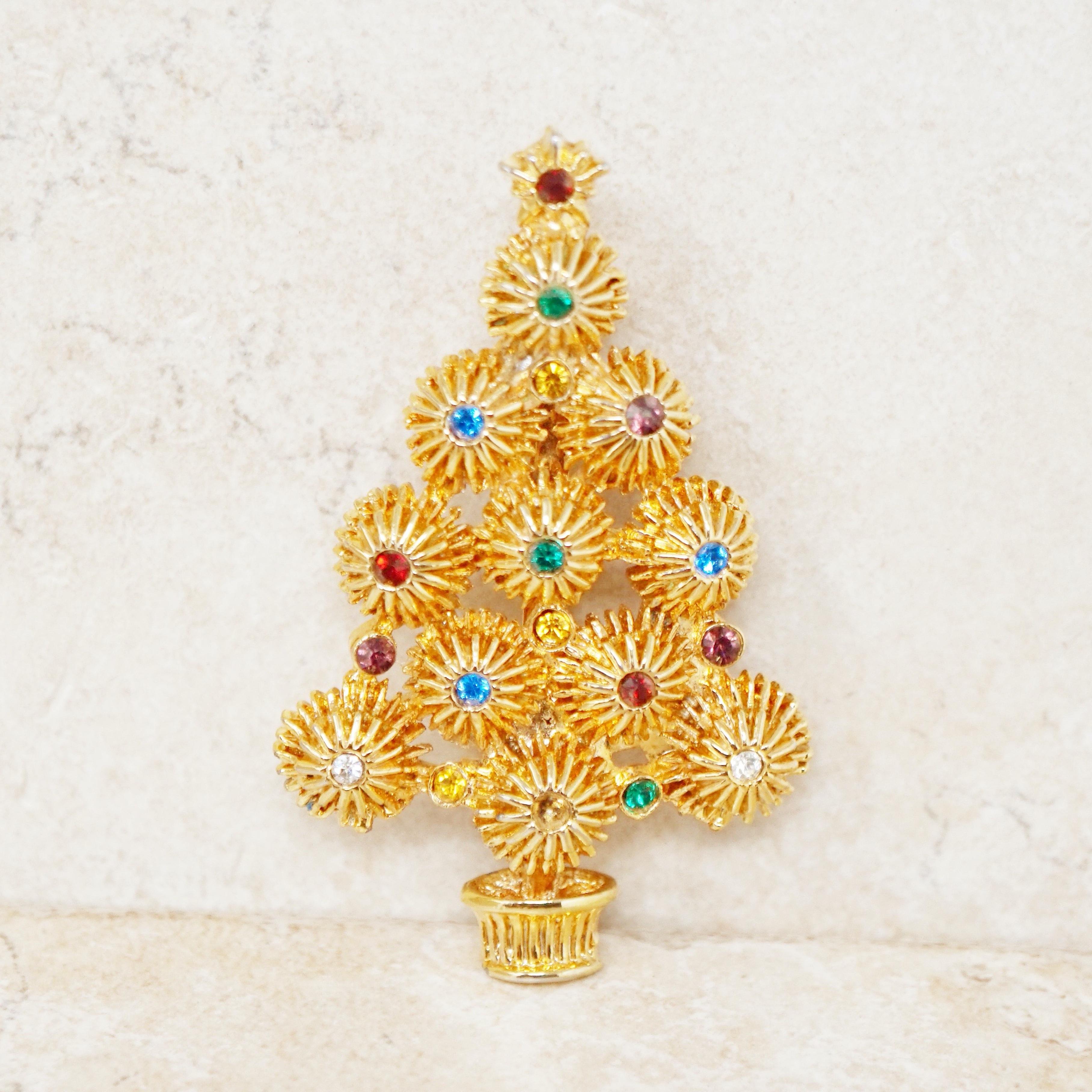 Vintage Gilded Christmas Tree Brooch with Colored Crystal Rhinestones, 1980s In Good Condition In McKinney, TX