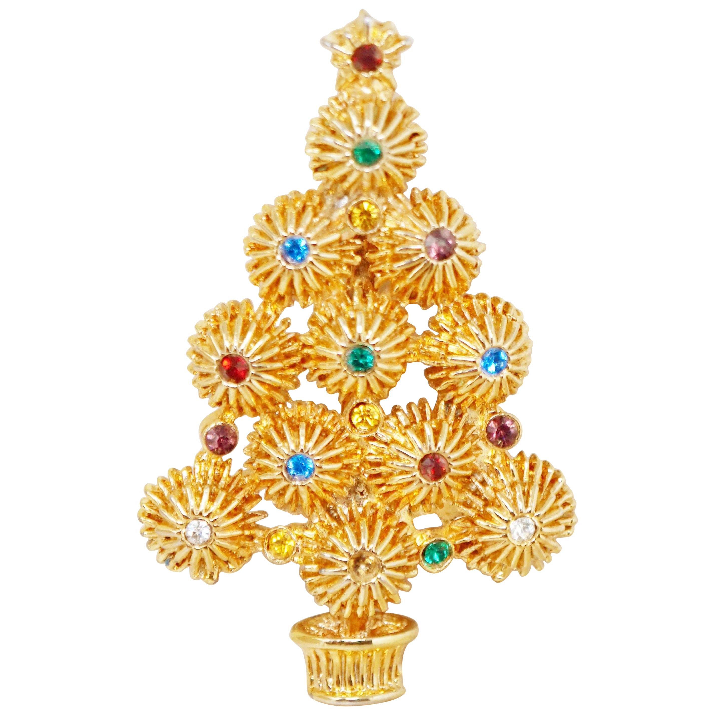 Vintage Gilded Christmas Tree Brooch with Colored Crystal Rhinestones, 1980s