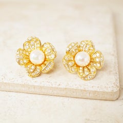Vintage Gilded Crystal Pavé & Pearl Flower Earrings by Nolan Miller, 1980s