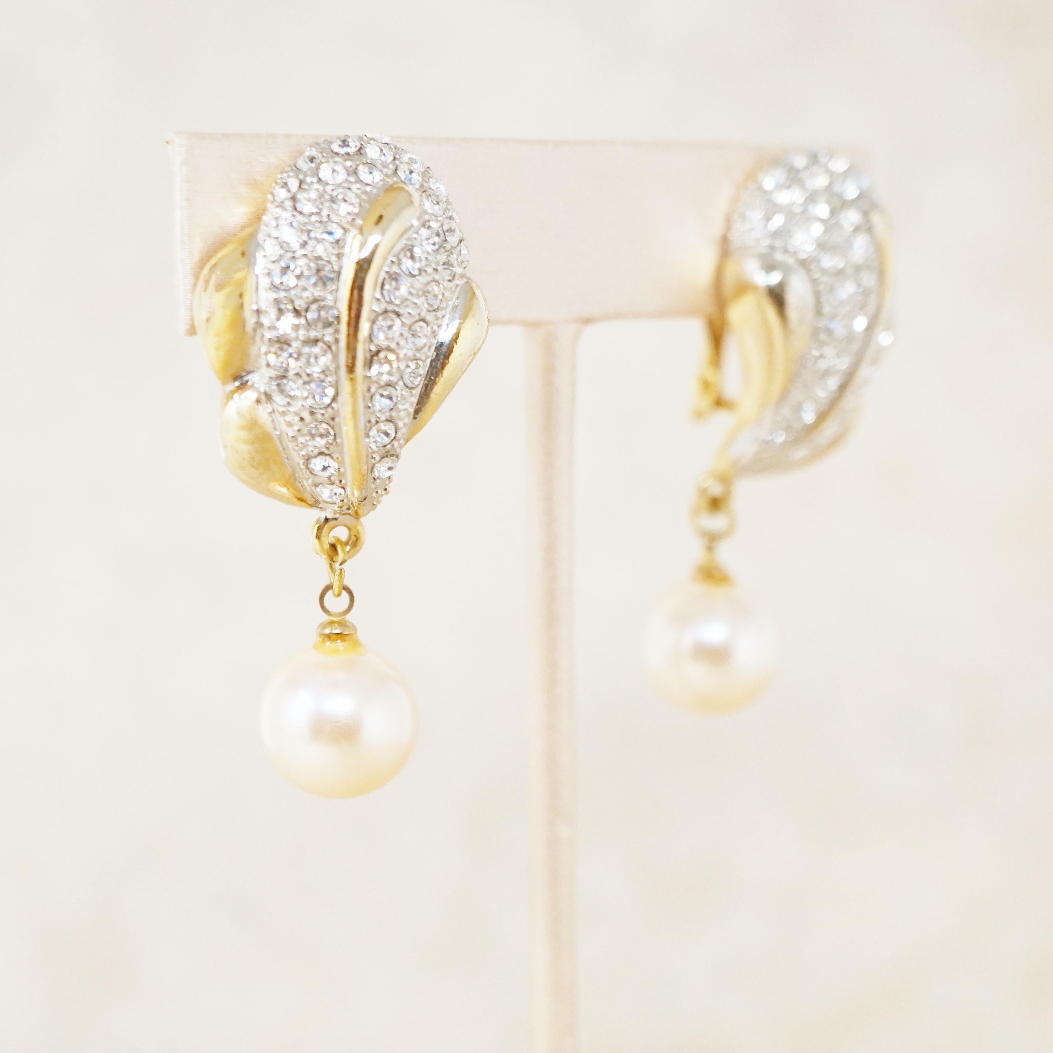 Modern Vintage Gilded Crystal Pavé Statement Earrings with Drop Pearl, 1980s