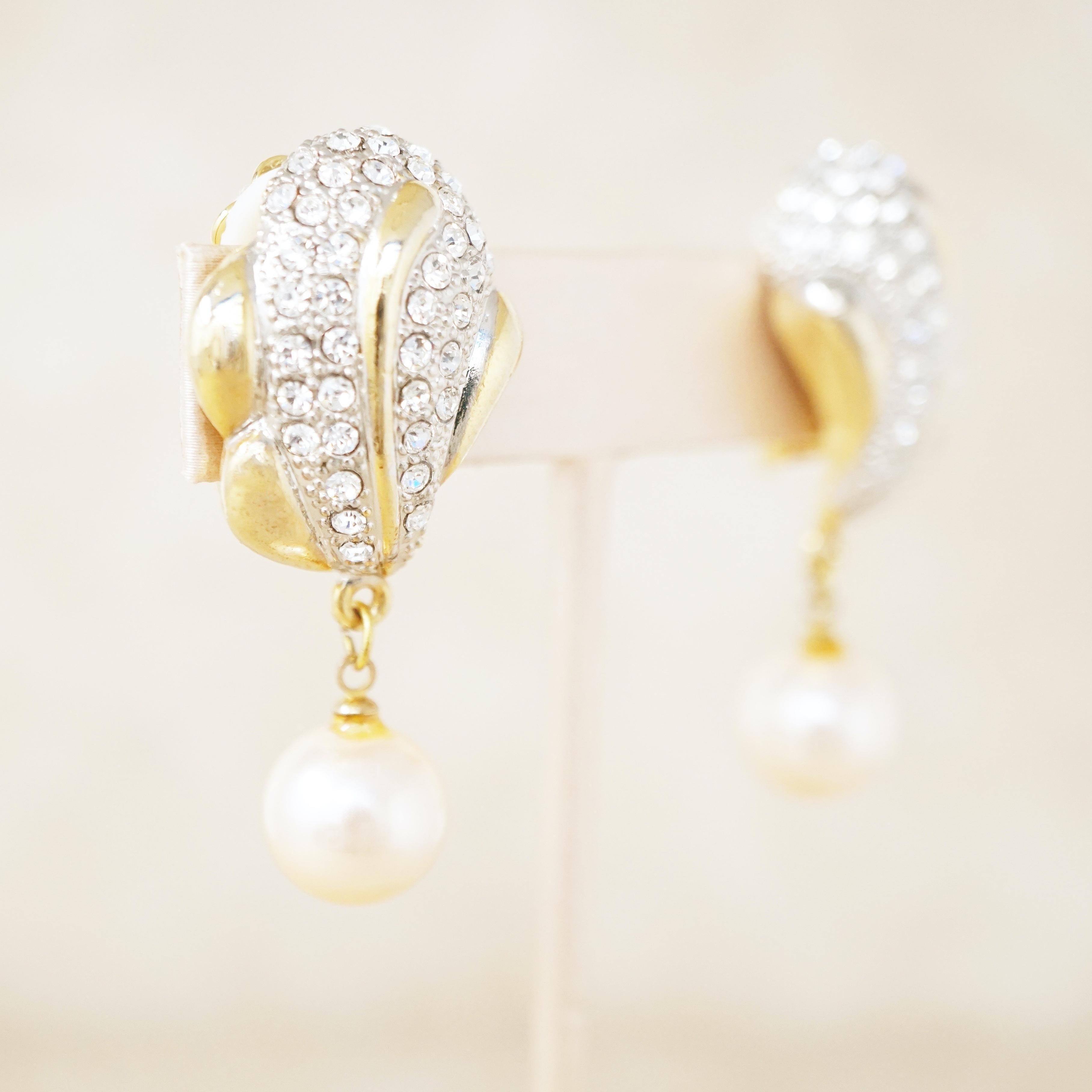 Vintage Gilded Crystal Pavé Statement Earrings with Drop Pearl, 1980s 1