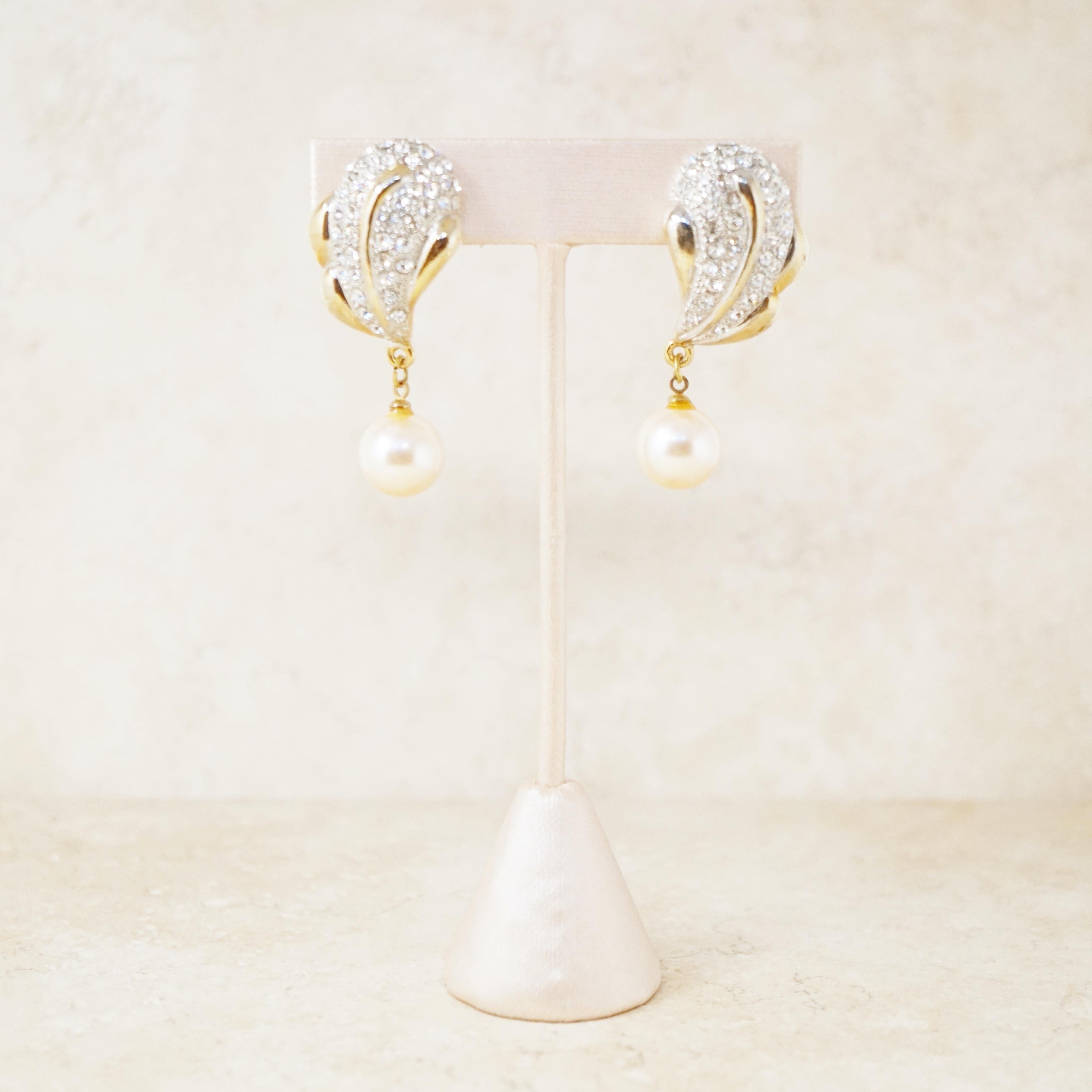 Vintage Gilded Crystal Pavé Statement Earrings with Drop Pearl, 1980s 2