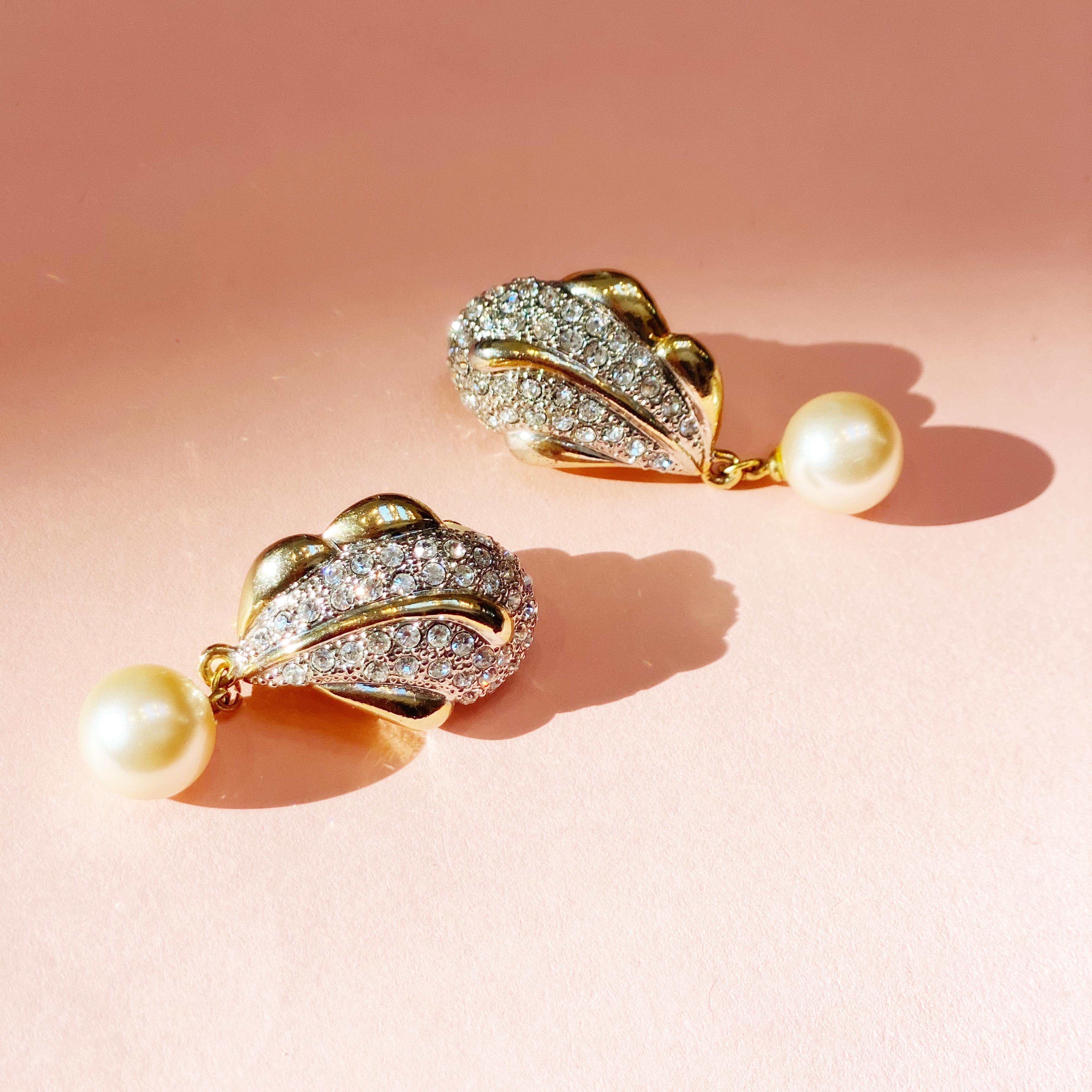 Vintage Gilded Crystal Pavé Statement Earrings with Drop Pearl, 1980s 4