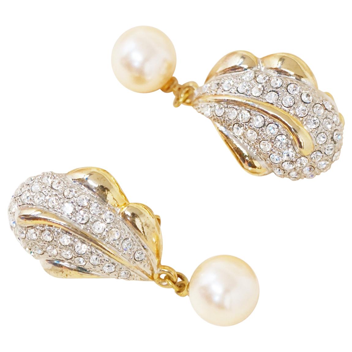 Vintage Gilded Crystal Pavé Statement Earrings with Drop Pearl, 1980s