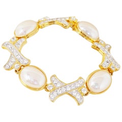 Vintage Gilded Crystal & Pearl "XOXO" Bracelet by Nolan Miller, 1990s