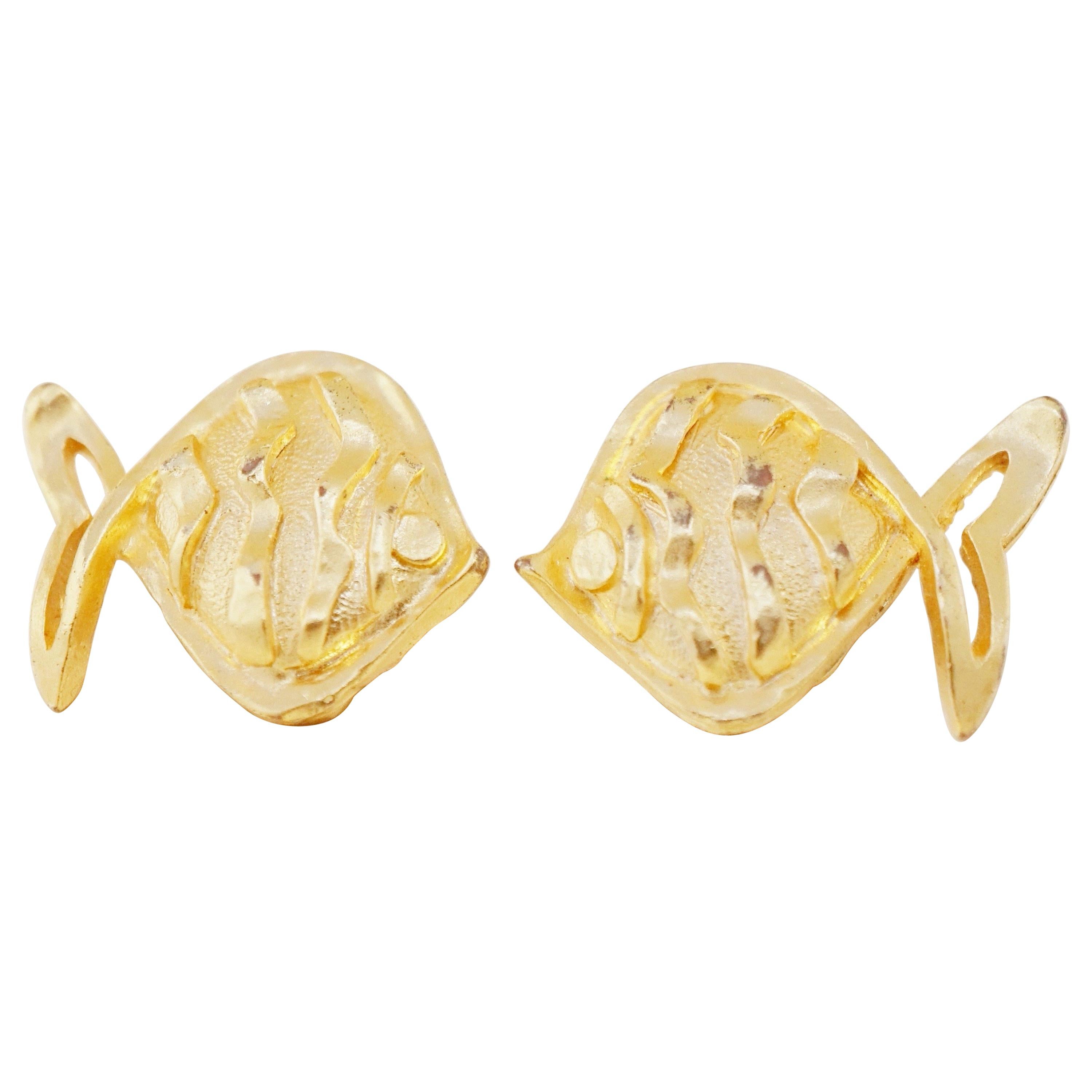 Vintage Gilded Fish Figural Earrings by Hanae Mori, 1970s For Sale
