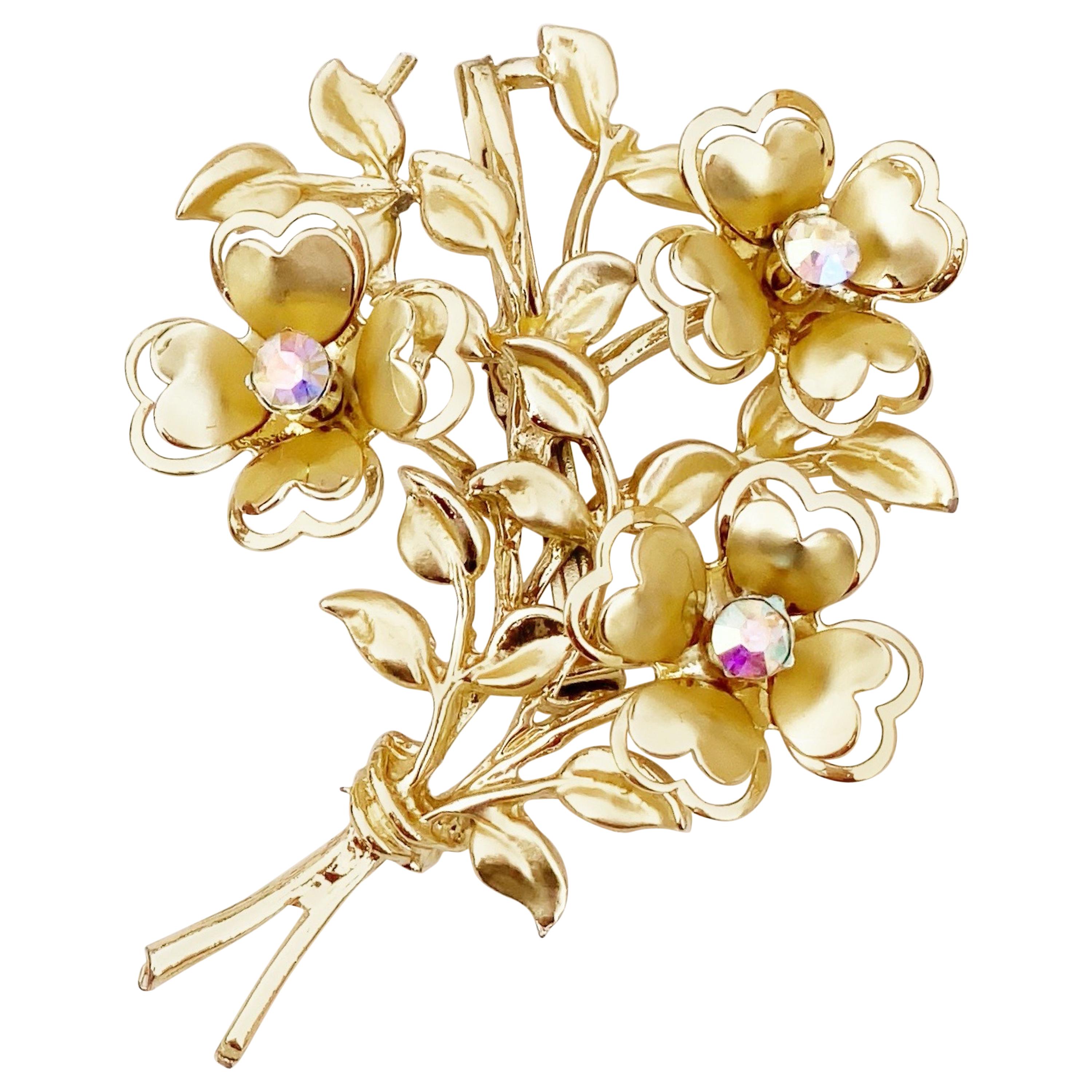 Red Orchid Rhinestone Aurora Borealis Gold Tone Brooch Victorian Style Costume Jewelry Flower Pin