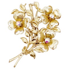 Vintage Gilded Flower Bouquet Brooch w Aurora Borealis Crystals By Coro, 1960s