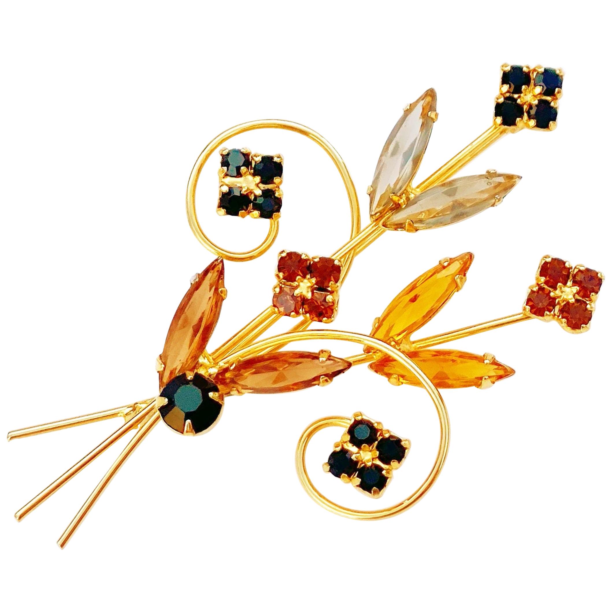Vintage Gilded Flower Bouquet Brooch with Topaz and Garnet Crystals, 1950s