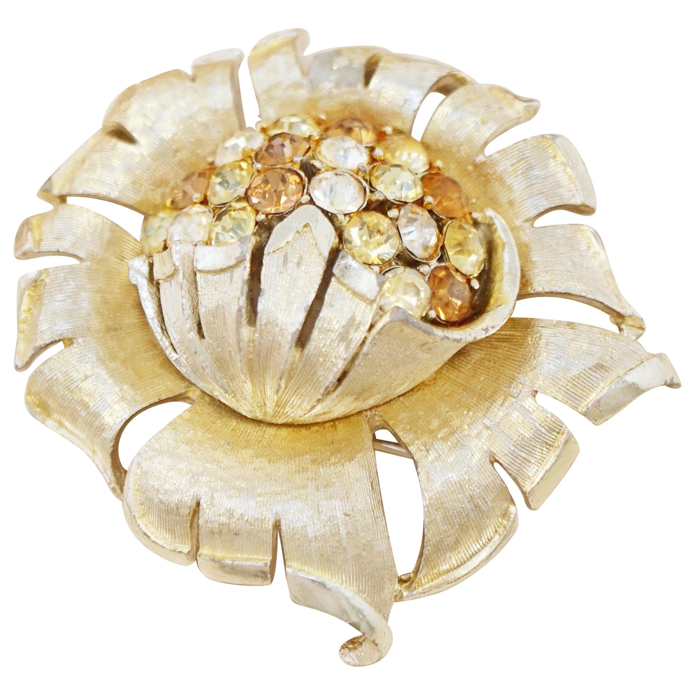 Vintage Gilded Flower Brooch with Topaz Crystals by Coro, 1960s