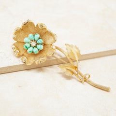 Vintage Gilded Flower Brooch with Turquoise Art Glass Cabochons by Coro, 1950s