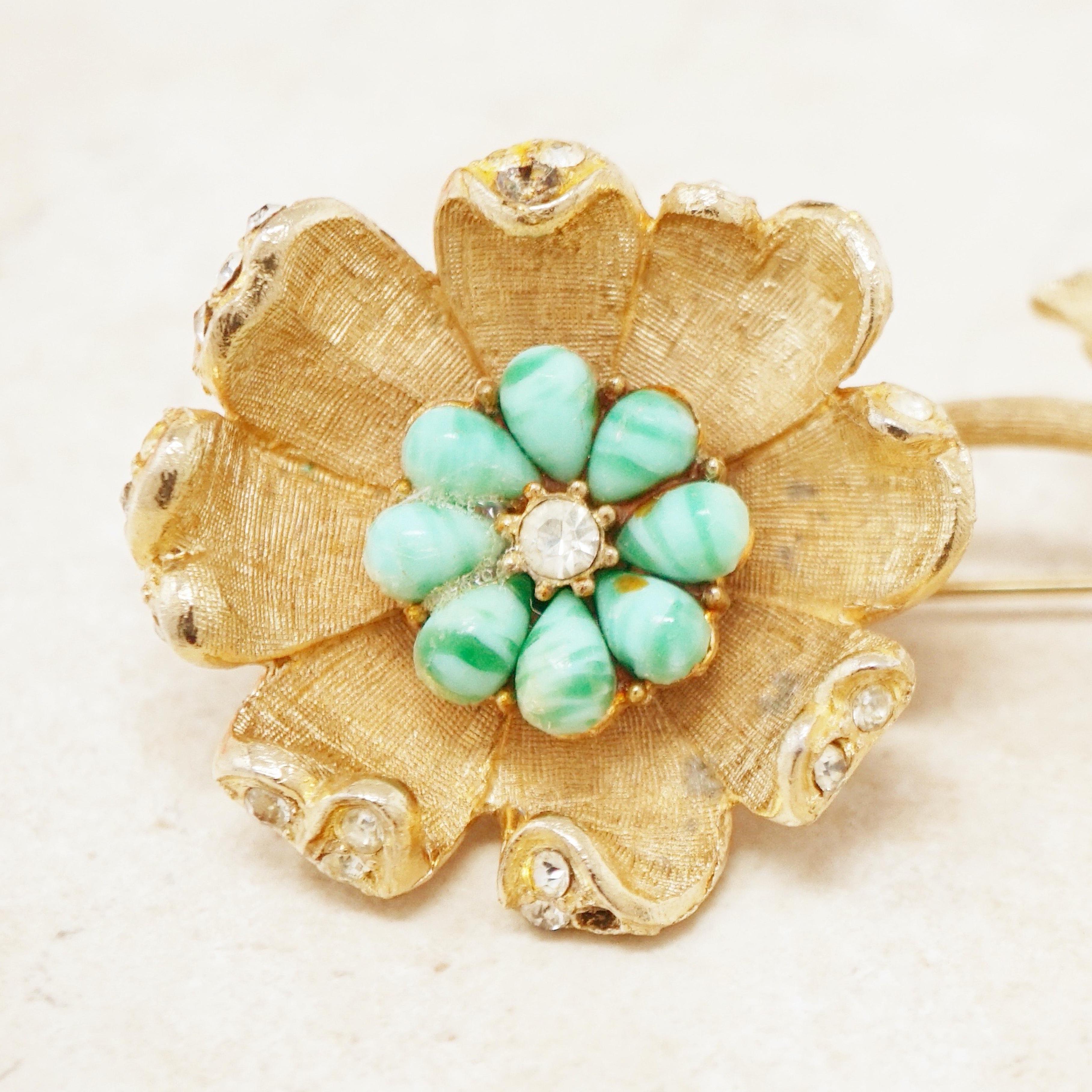 Modern Vintage Gilded Flower Brooch with Turquoise Art Glass Cabochons by Coro, 1950s