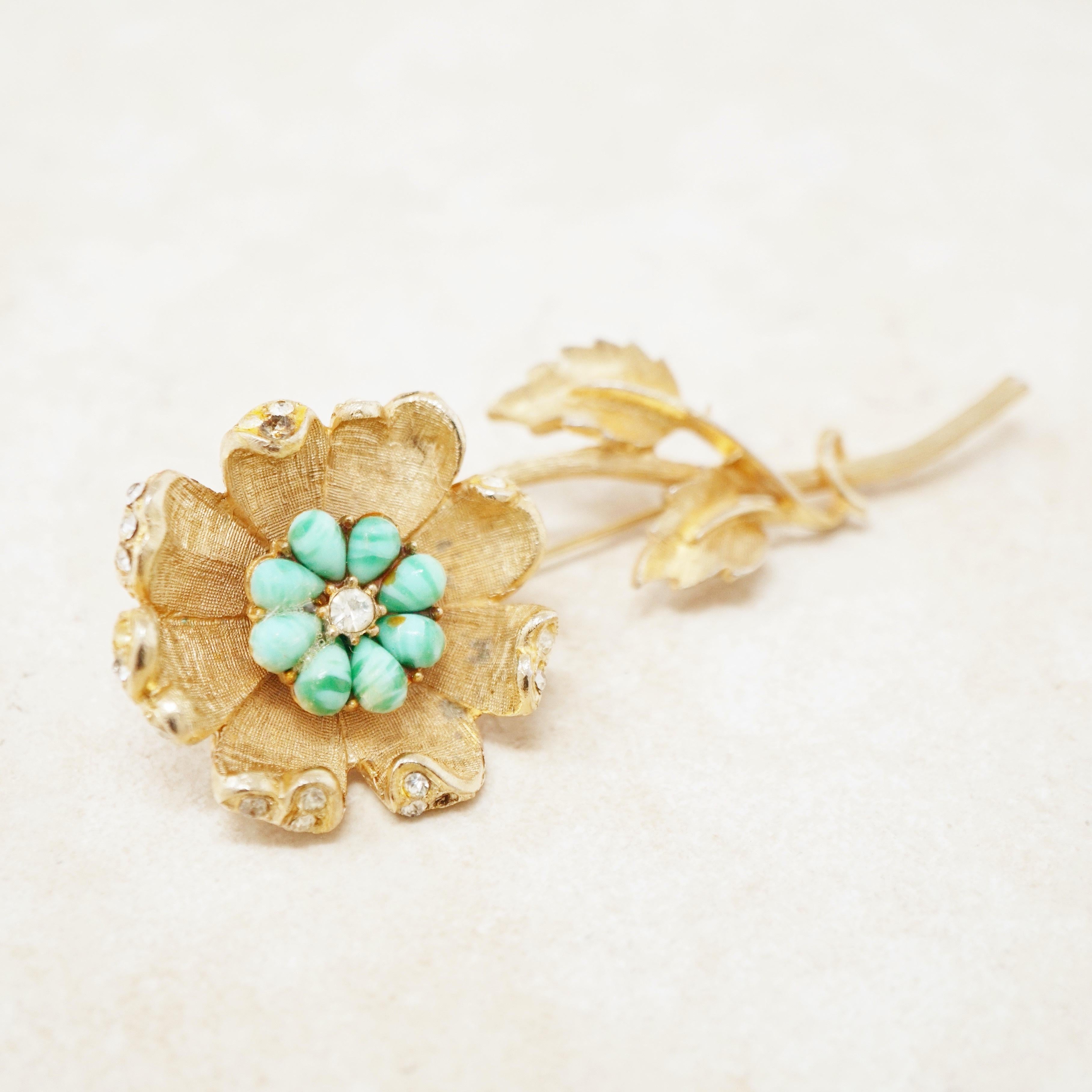 Vintage Gilded Flower Brooch with Turquoise Art Glass Cabochons by Coro, 1950s In Good Condition In McKinney, TX