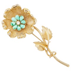 Vintage Gilded Flower Brooch with Turquoise Art Glass Cabochons by Coro, 1950s