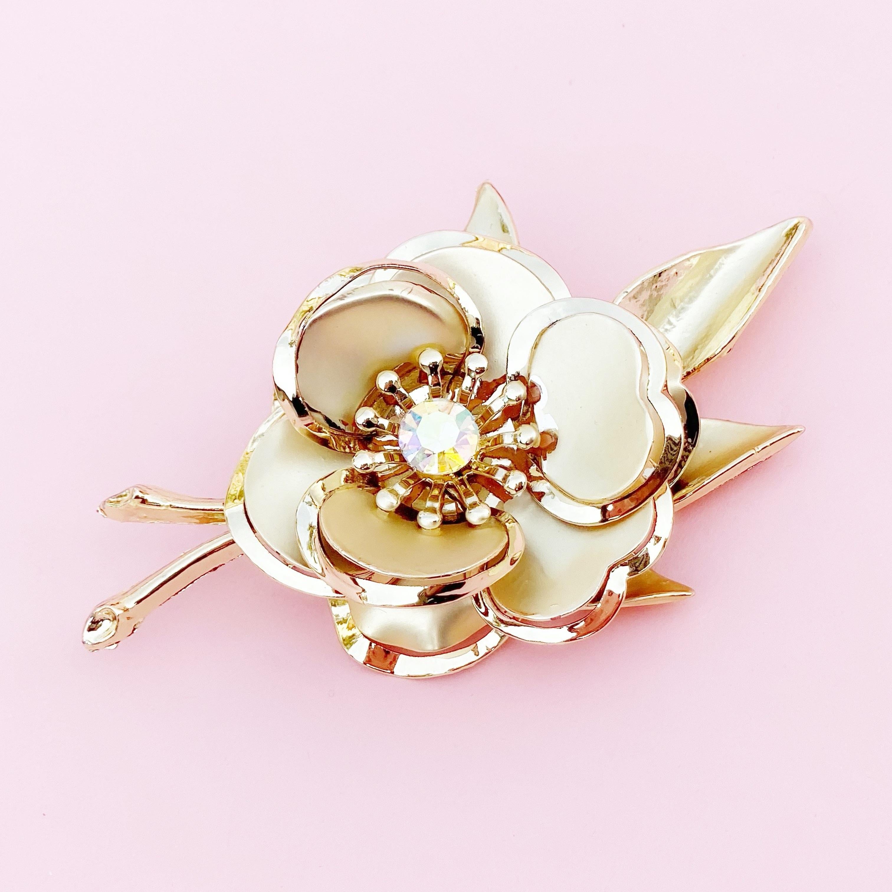 Modern Vintage Gilded Flower Figural Brooch With Aurora Borealis Crystal, 1960s