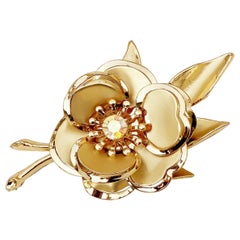 Vintage Gilded Flower Figural Brooch With Aurora Borealis Crystal, 1960s