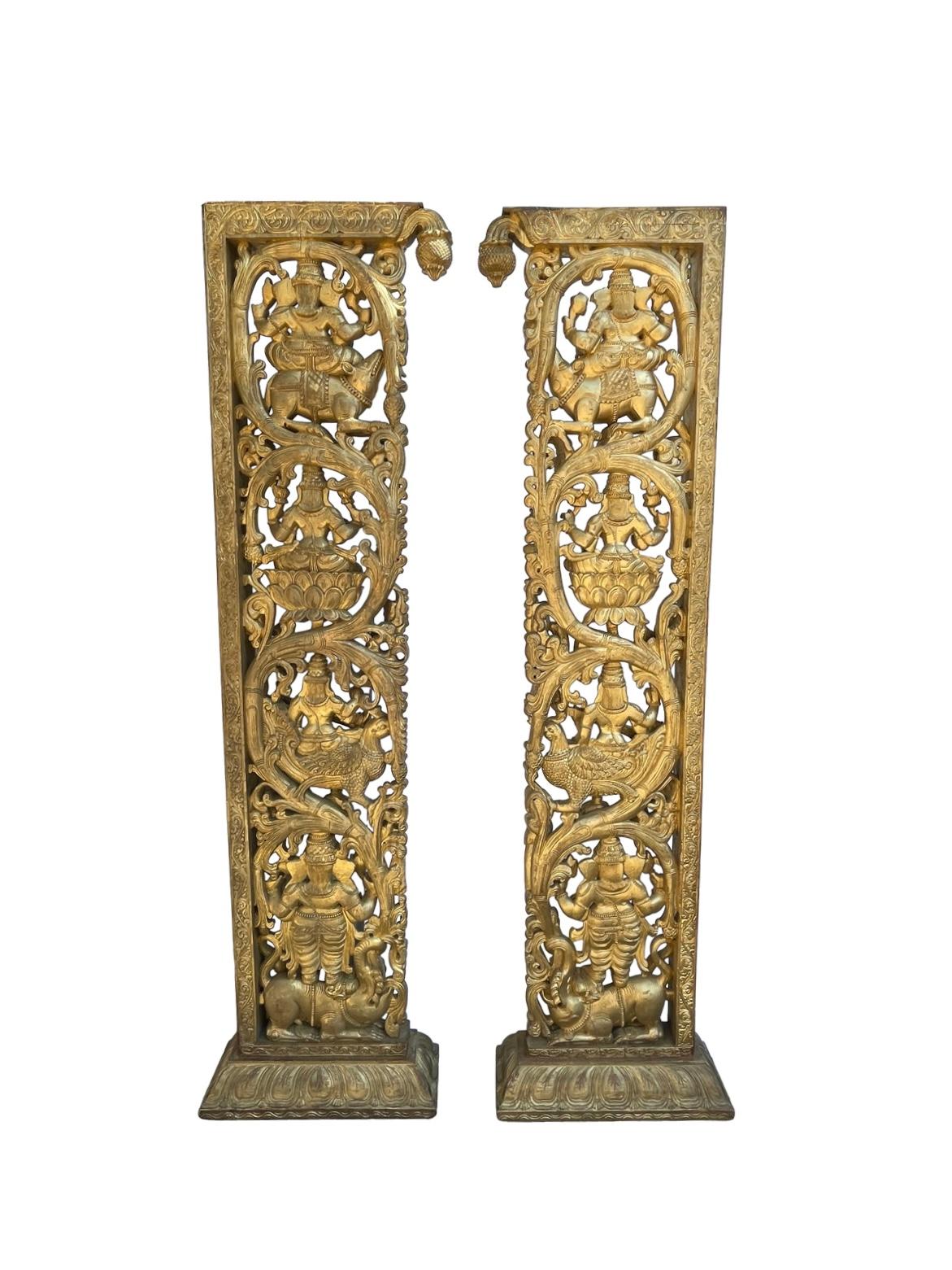 Exquisite pair of hand carved Ganesha gilded framed doorway or room dividers these are finished front and back with stunning detail they also stand on their own but recommend securing any questions please feel free to reach out.