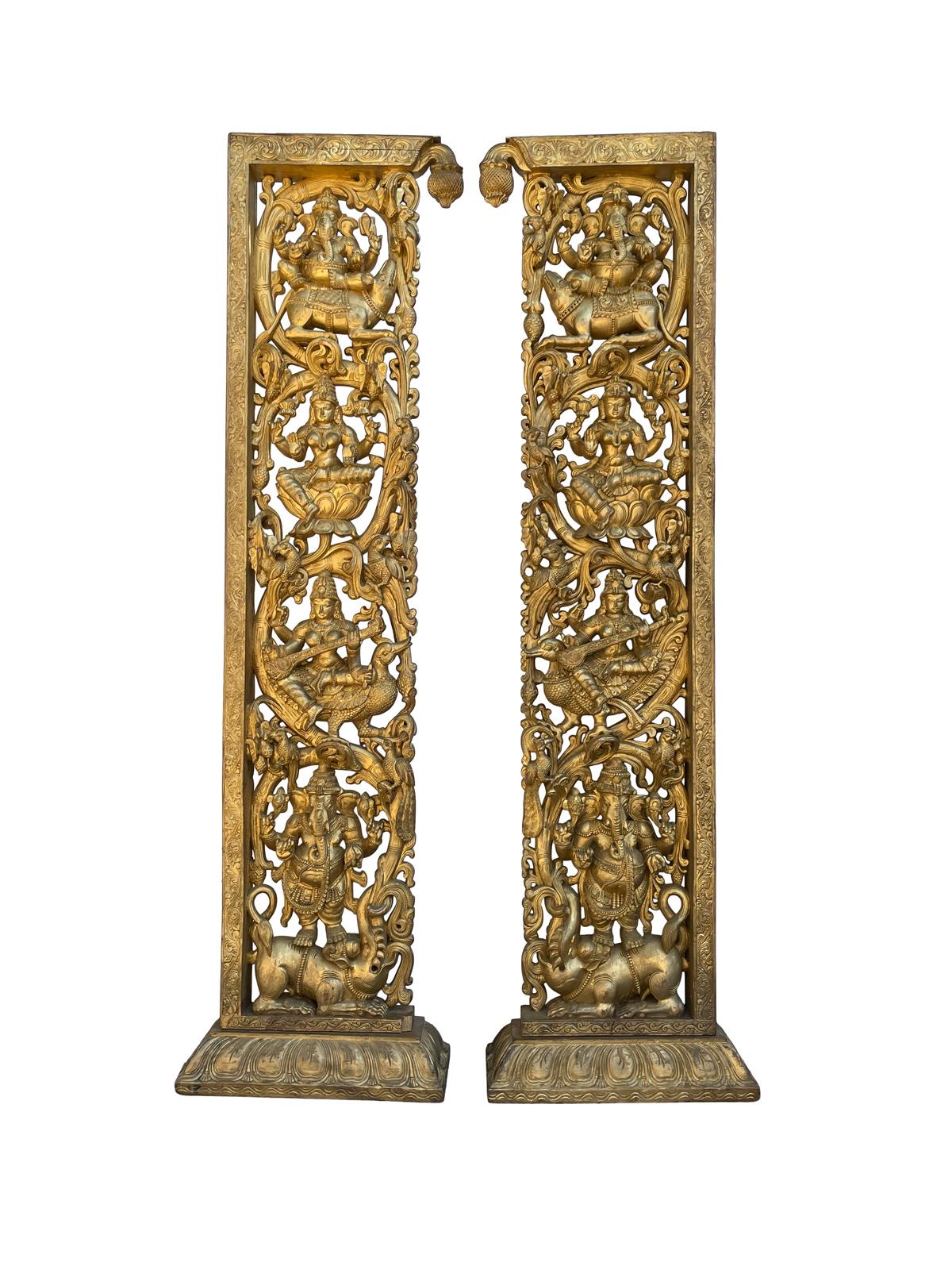 Gilt Vintage Gilded Ganesha Carved Room Divider Doorway-A Pair For Sale