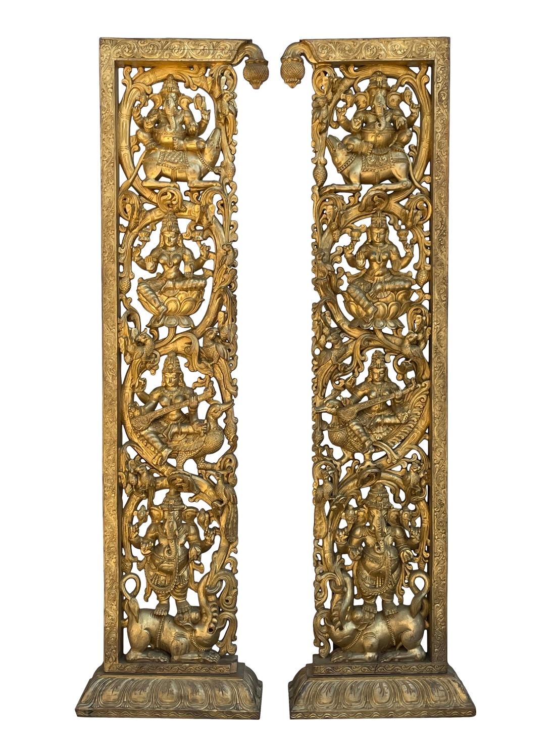 Late 20th Century Vintage Gilded Ganesha Carved Room Divider Doorway-A Pair For Sale